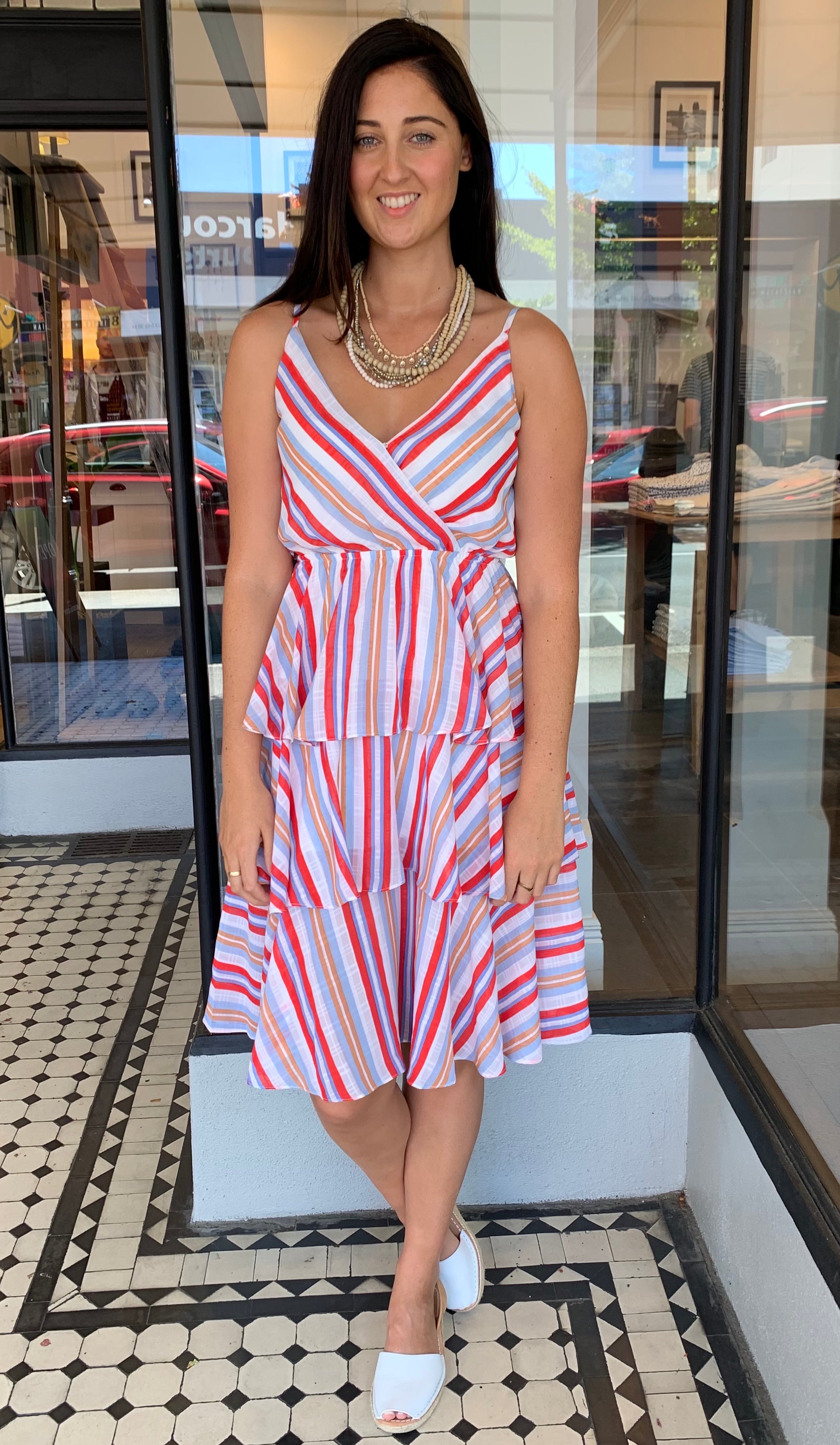 Lexi Tiered Midi Dress - Red & Burnt Orange Striped Flowy Summer Dress for Women | Perfect for Beach Vacations, Date Nights & Casual Outings