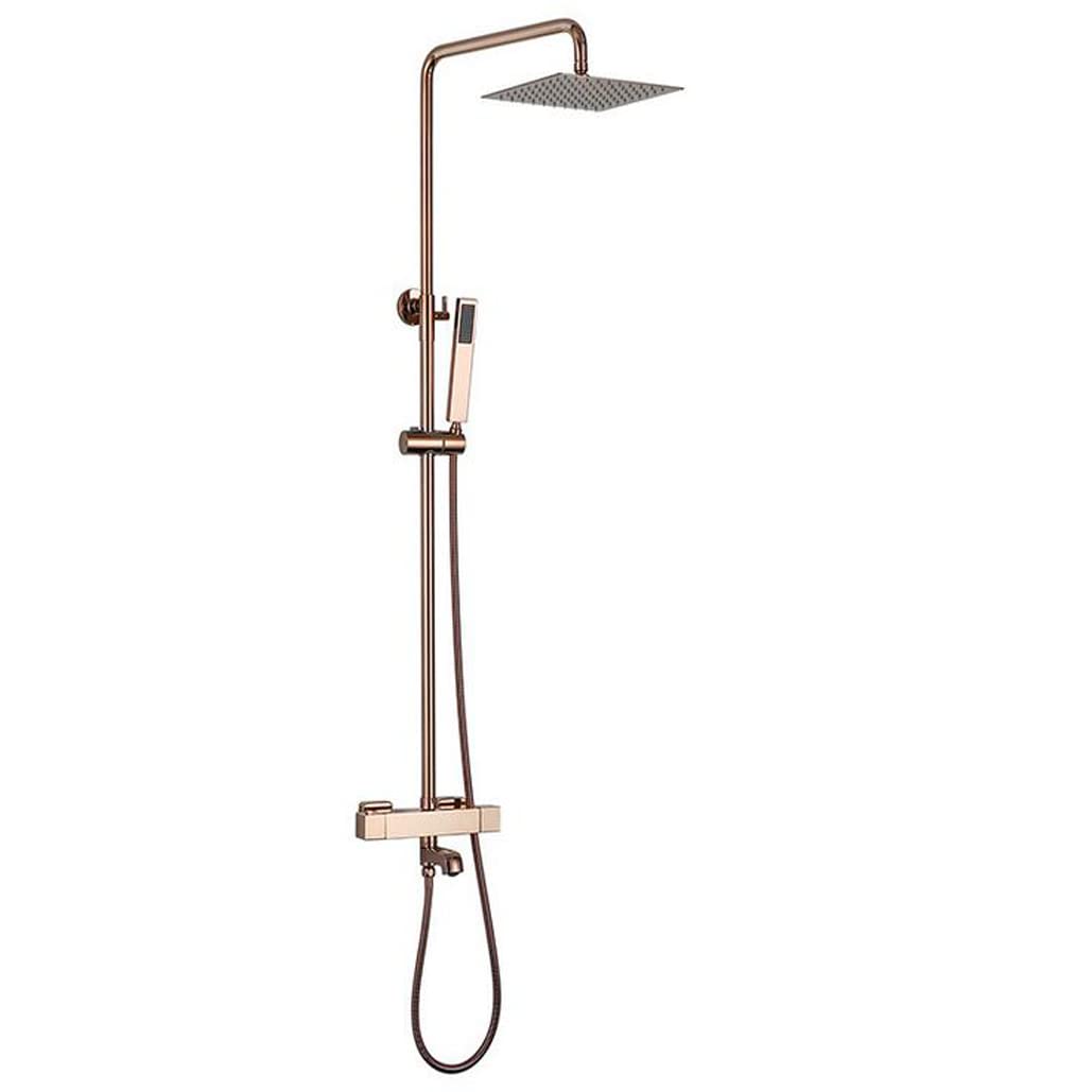 Luxury Rose Gold Thermostatic Wall Mounted Shower Set - 10 Inch Rainfall Shower Head & Hand Shower - Brass Bathroom Mixer Tap with Diverter - Perfect for Modern Spa-Like Bathroom Experience