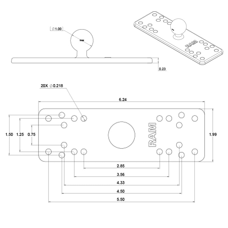 RAM B 111BU 6.25 x 2 Inch Rectangle Plate - Heavy Duty Metal Base Plate for Mounting Equipment, Vehicle Accessories & Electronics - Perfect for Car, Truck, Marine and Industrial Applications