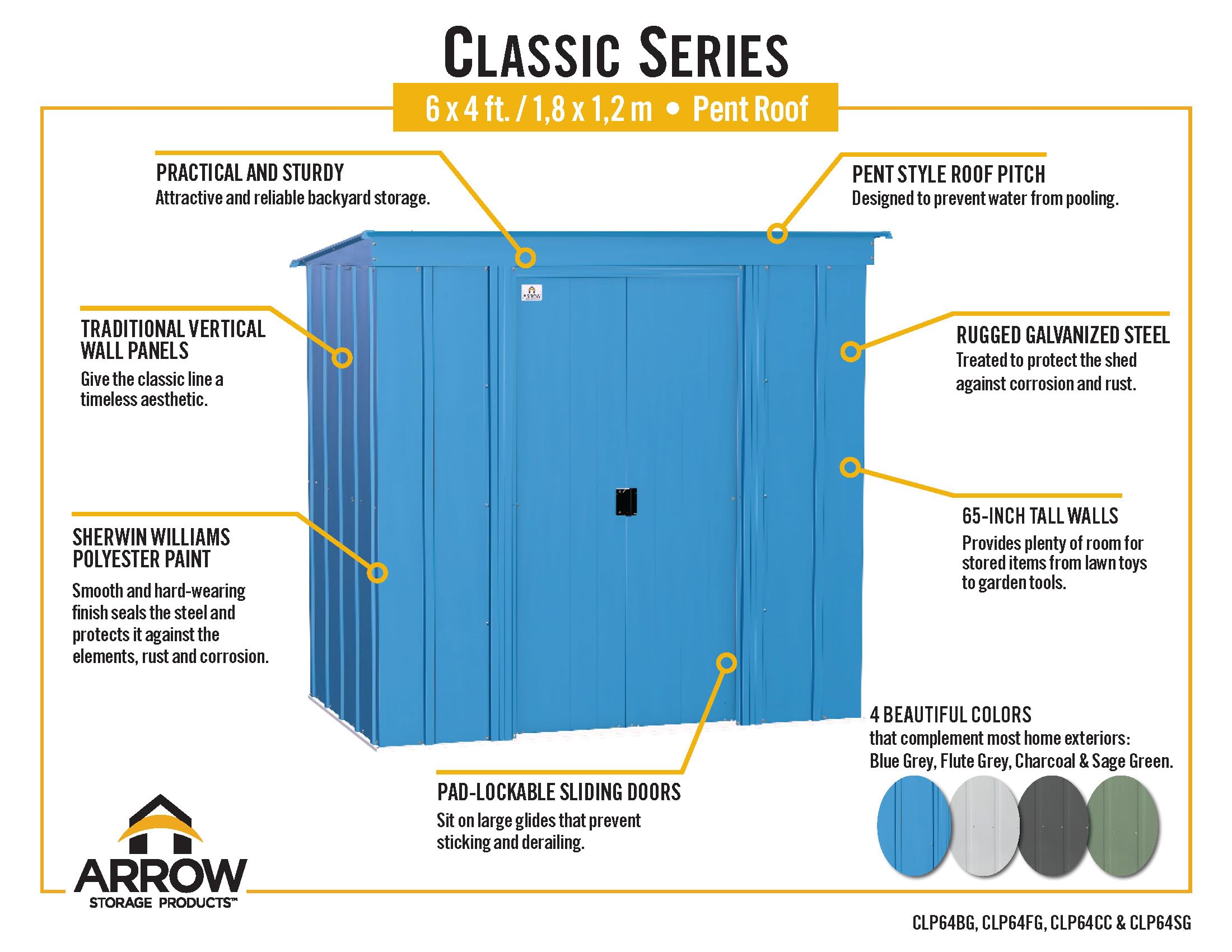 Arrow Classic Steel Storage Shed 6x4 ft Outdoor Garden Shed, Flute Grey - Perfect for Backyard Storage, Lawn Equipment, and Gardening Tools