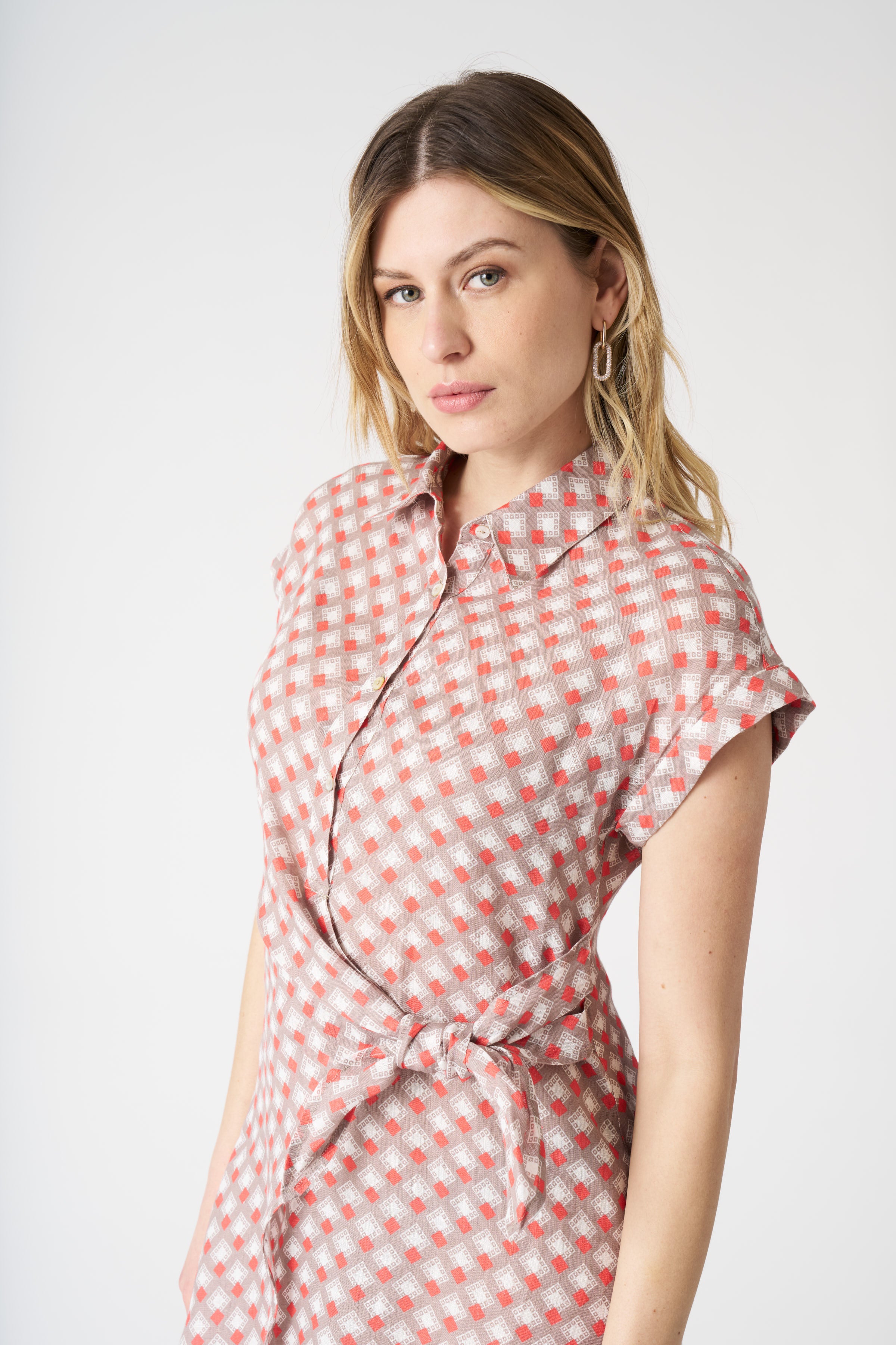 Elegant Geometric Print Wrap Dress with Draped Knot Detail - Perfect for Cocktail Parties, Date Nights & Special Occasions