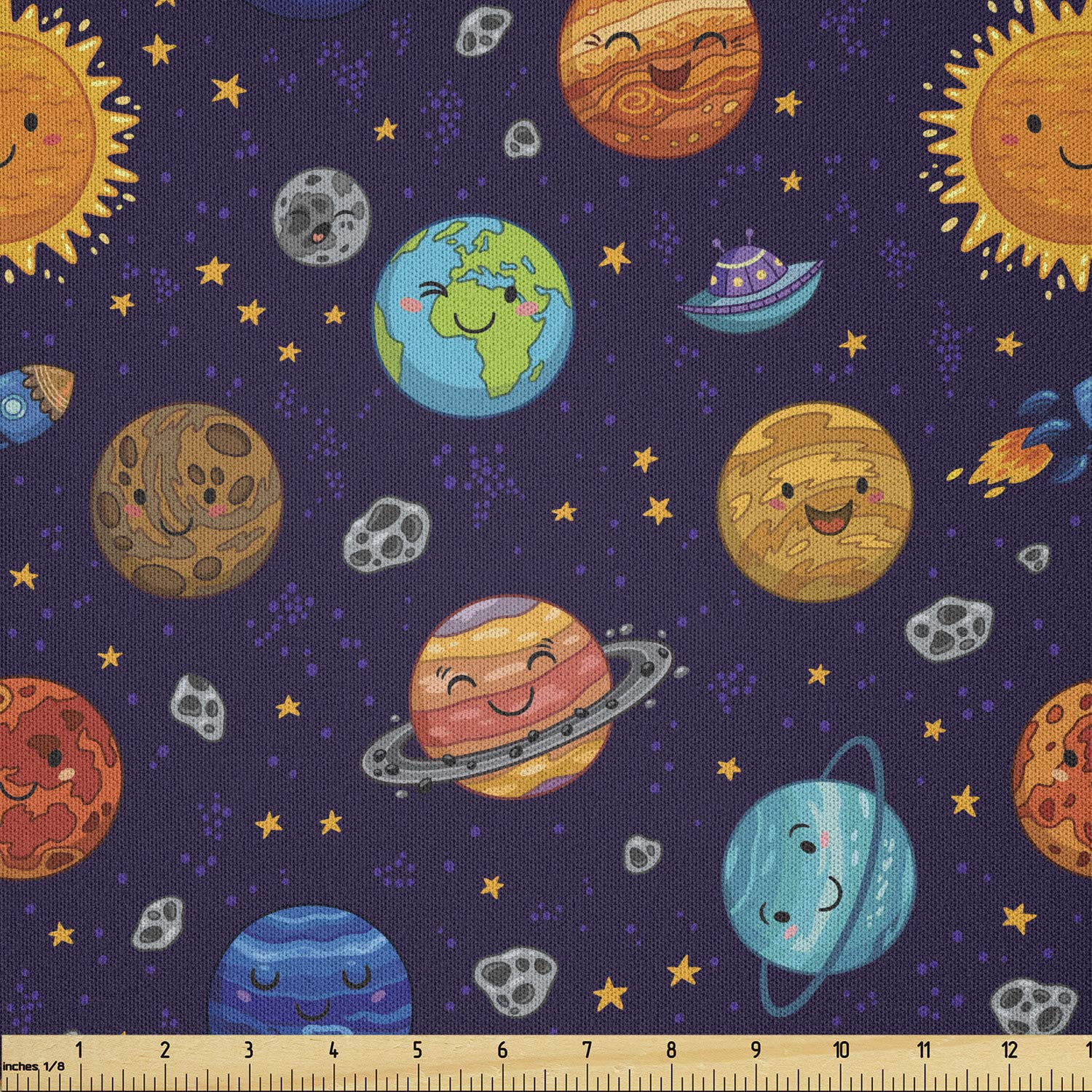 Ambesonne Space Fabric by The Yard - Cheerful Planets & Alien Spaceships Design - Soft Microfiber Material for DIY Arts, Crafts & Home Decor - Multicolor - Perfect for Quilting, Upholstery & Space-Themed Projects