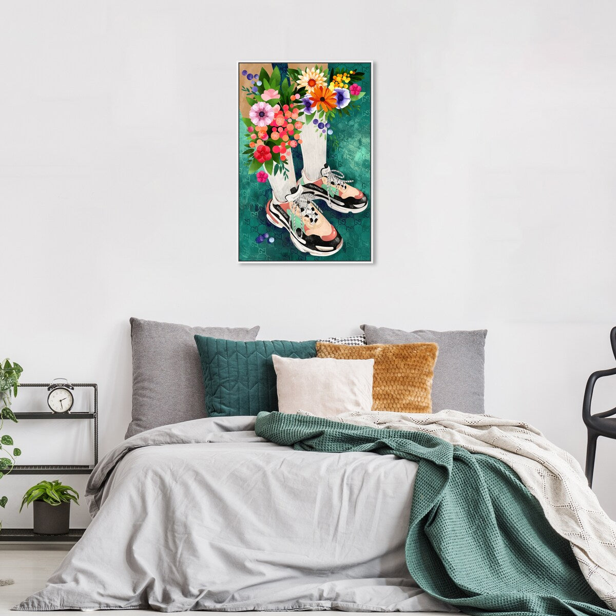 Stylish Floral Sneakers & Socks Set with Modern Green Framed Canvas Wall Art - Perfect for Bedroom Decor and Fashion Outfits | Home & Fashion Combo