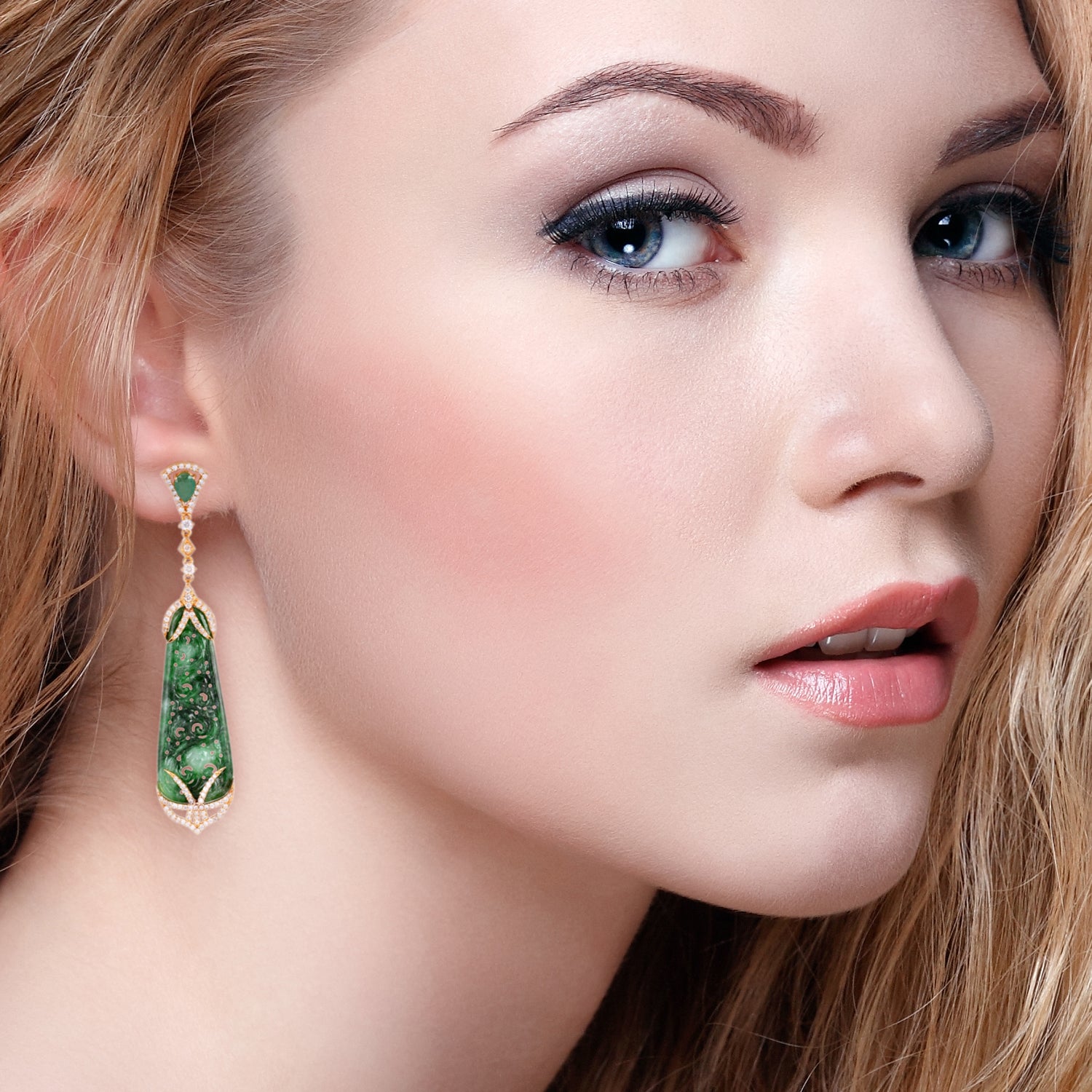 Exquisite Egg-Cut Carved Jade & Emerald Pave Diamond Dangle Earrings in 14K Yellow Gold – Perfect for Weddings, Parties & Special Occasions