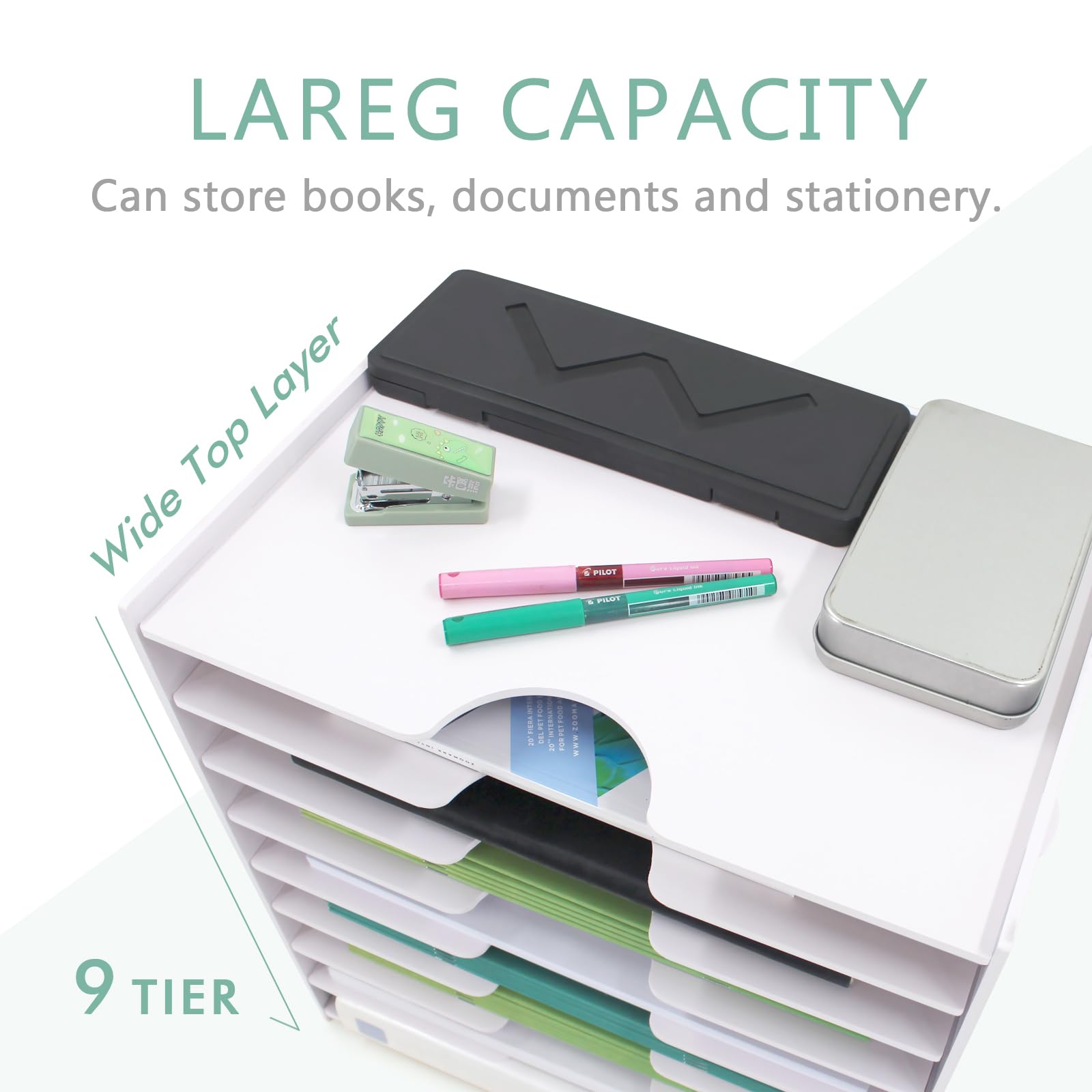 SONGWAY 9-Tier Desktop File Organizer - Wide Document Holder & Letter Mail Tray Storage Rack for Home, Office, School | Paper Sorter & Desktop Organizer (White) | Perfect for Bills, Mail, Office Supplies & School Papers Organization