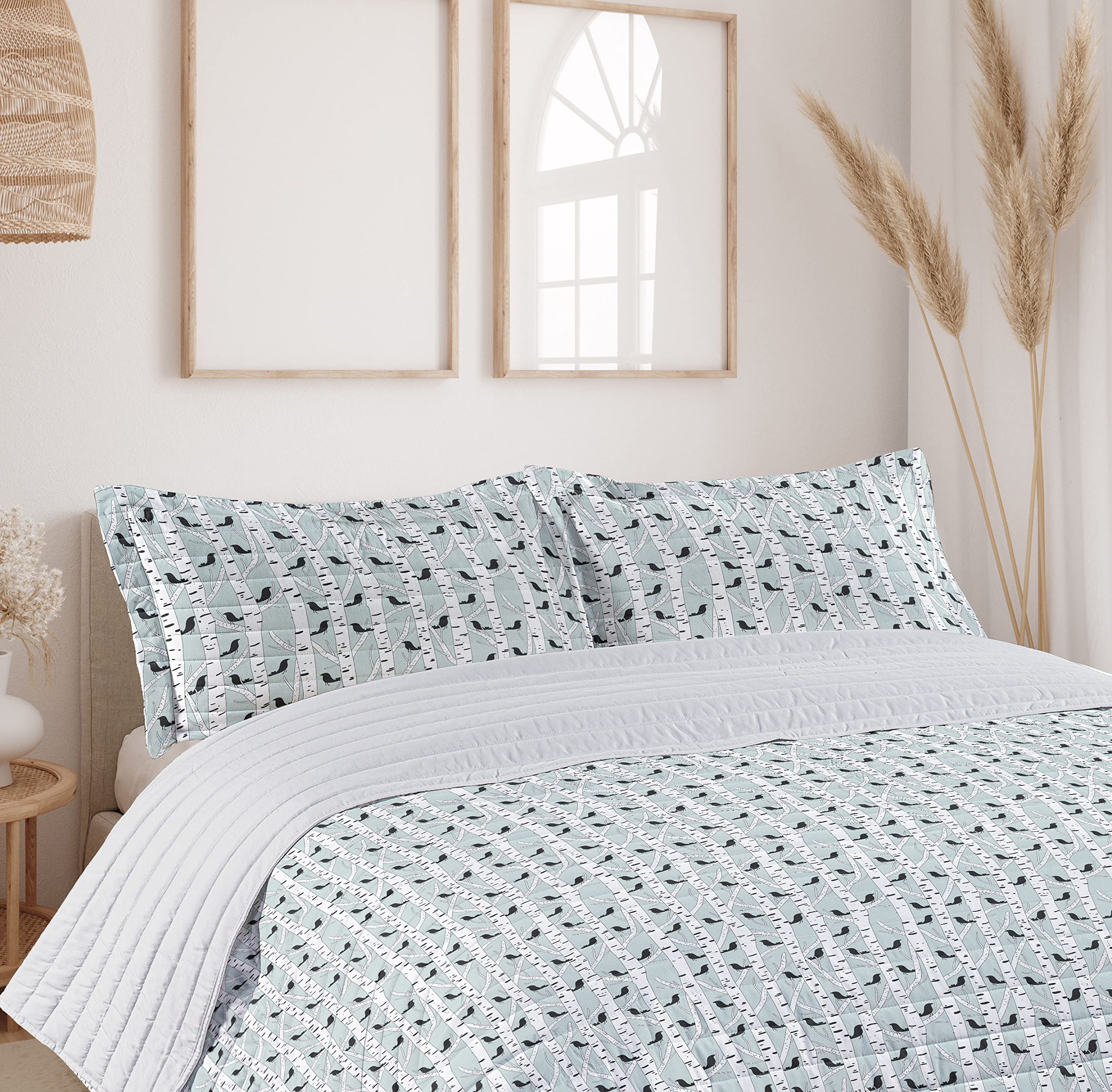 Ambesonne Woodland King Size Microfiber Bedspread Set - Nature Inspired Bird Silhouettes on Birch Trees Design, Soft Comforter with Pillow Shams, Pale Blue & White - Perfect for Cozy Bedroom Decor, Guest Room or Cabin Retreat