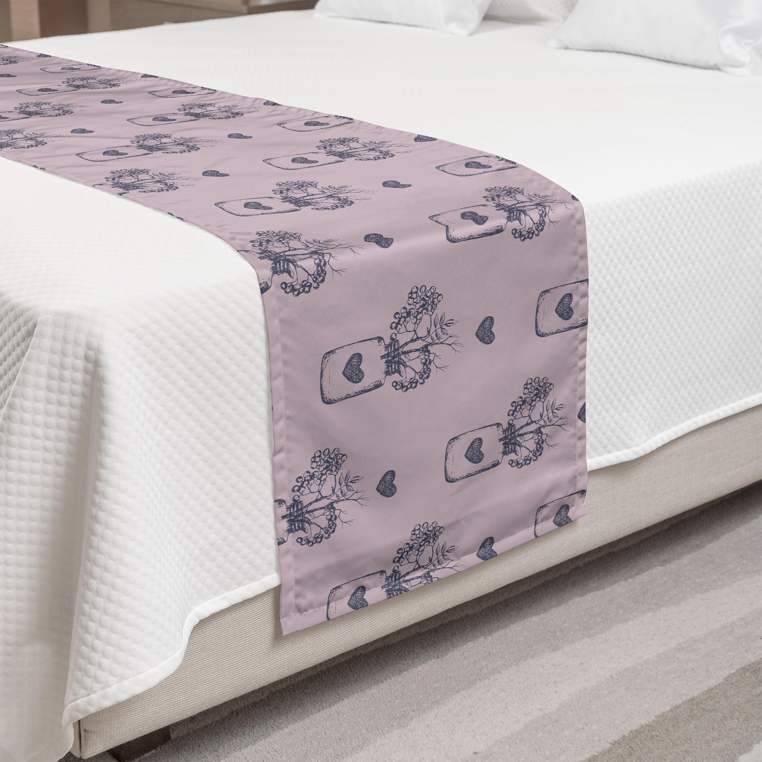 Ambesonne Vintage Sketch Bed Runner - Minimalist Rowan Berries in Jar Heart Illustration, Decorative Accent Bed Scarf for Queen Size Beds | Perfect for Hotels, Homes & Guestrooms in Mauve Purple Grey | Cozy Bedroom Decor & Elegant Home Styling