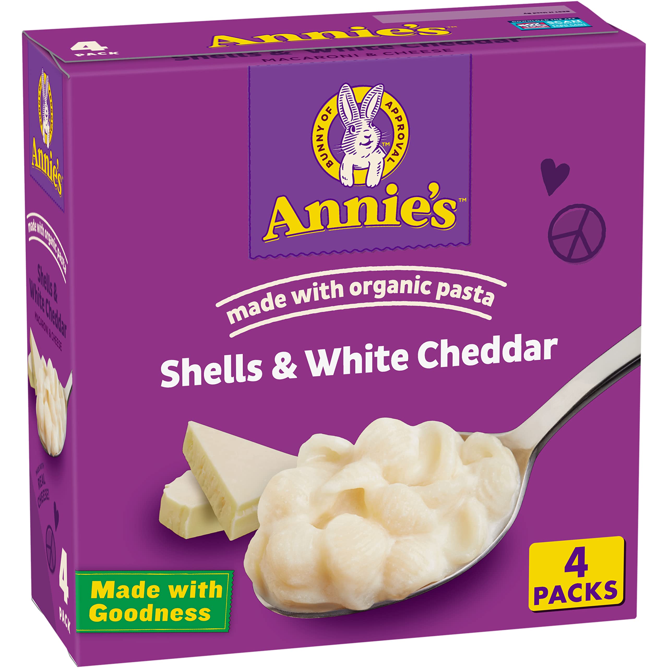 Organic Annie's Shells & White Cheddar Mac and Cheese - 4 Pack (24 oz) | Quick Dinner, Kids Lunch, or After-School Snack | Gluten-Free Pasta with Real Cheese