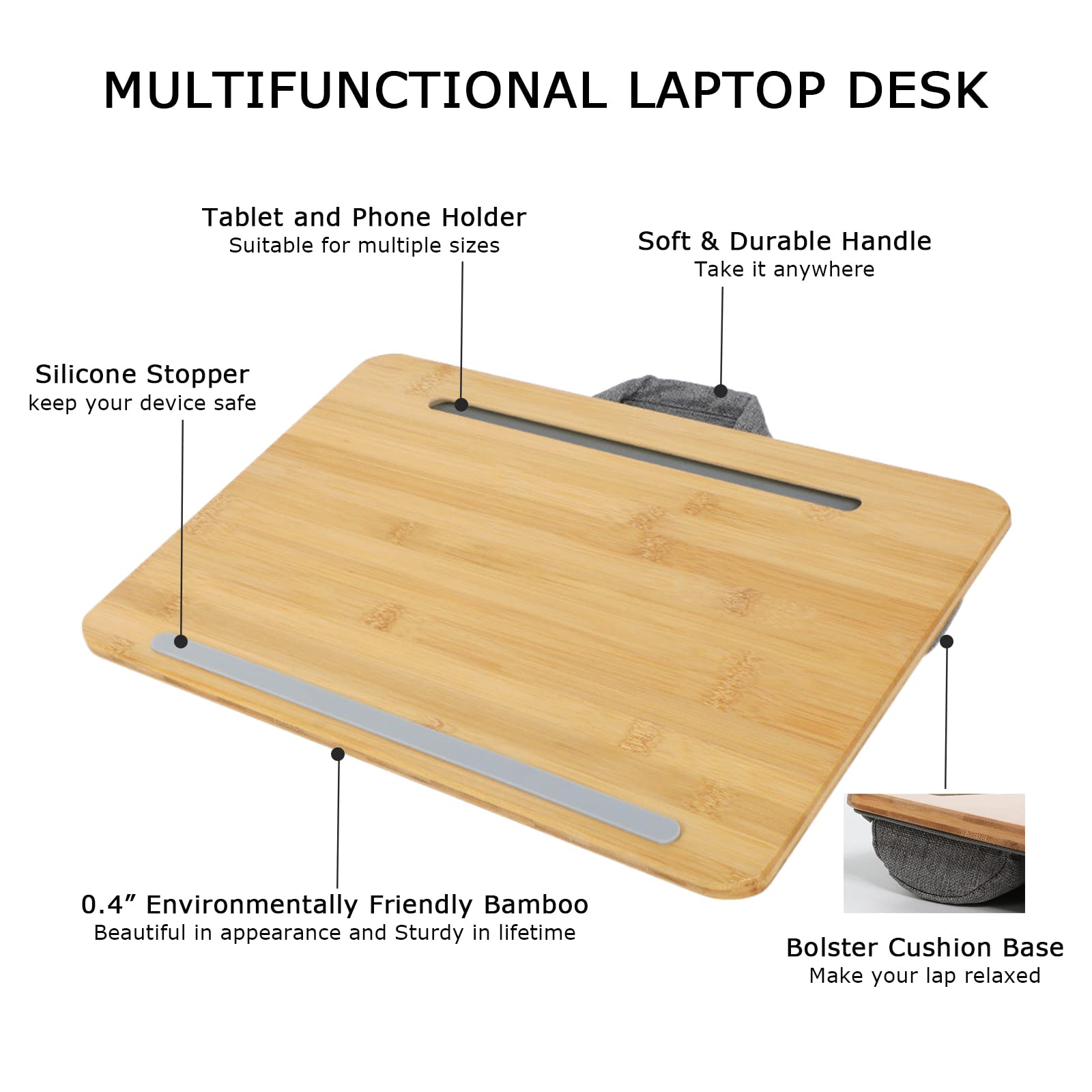 Portable Bamboo Laptop Lap Desk with Cushion & Phone Holder - Lightweight Laptop Stand for Sofa/Bed/Couch (Fits Up to 14