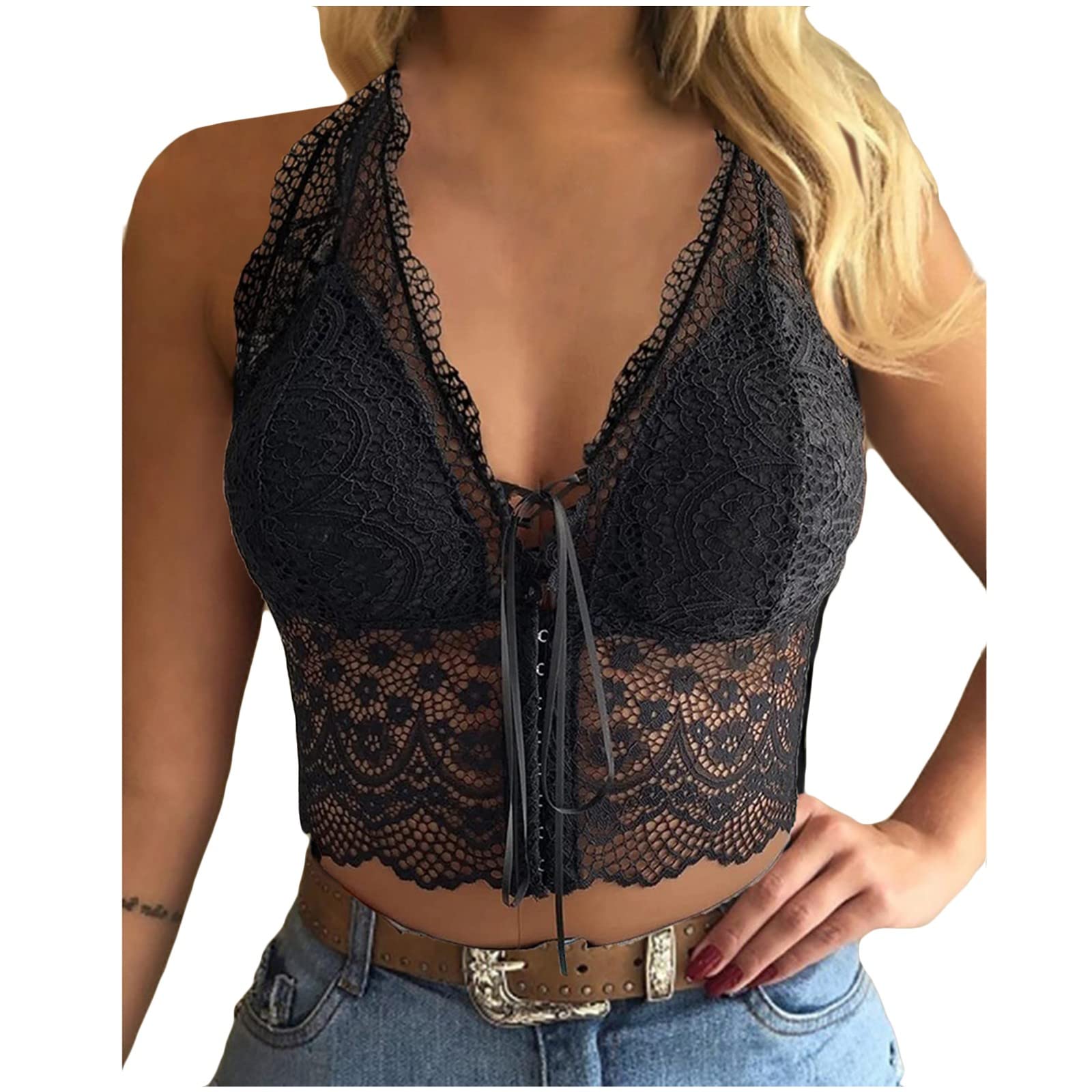Plus Size Women's Lace T-Shirt Bras - Soft Mesh Bralette & Strappy Camisole Lingerie in Black | Comfortable Everyday Wear for Work & Sleep