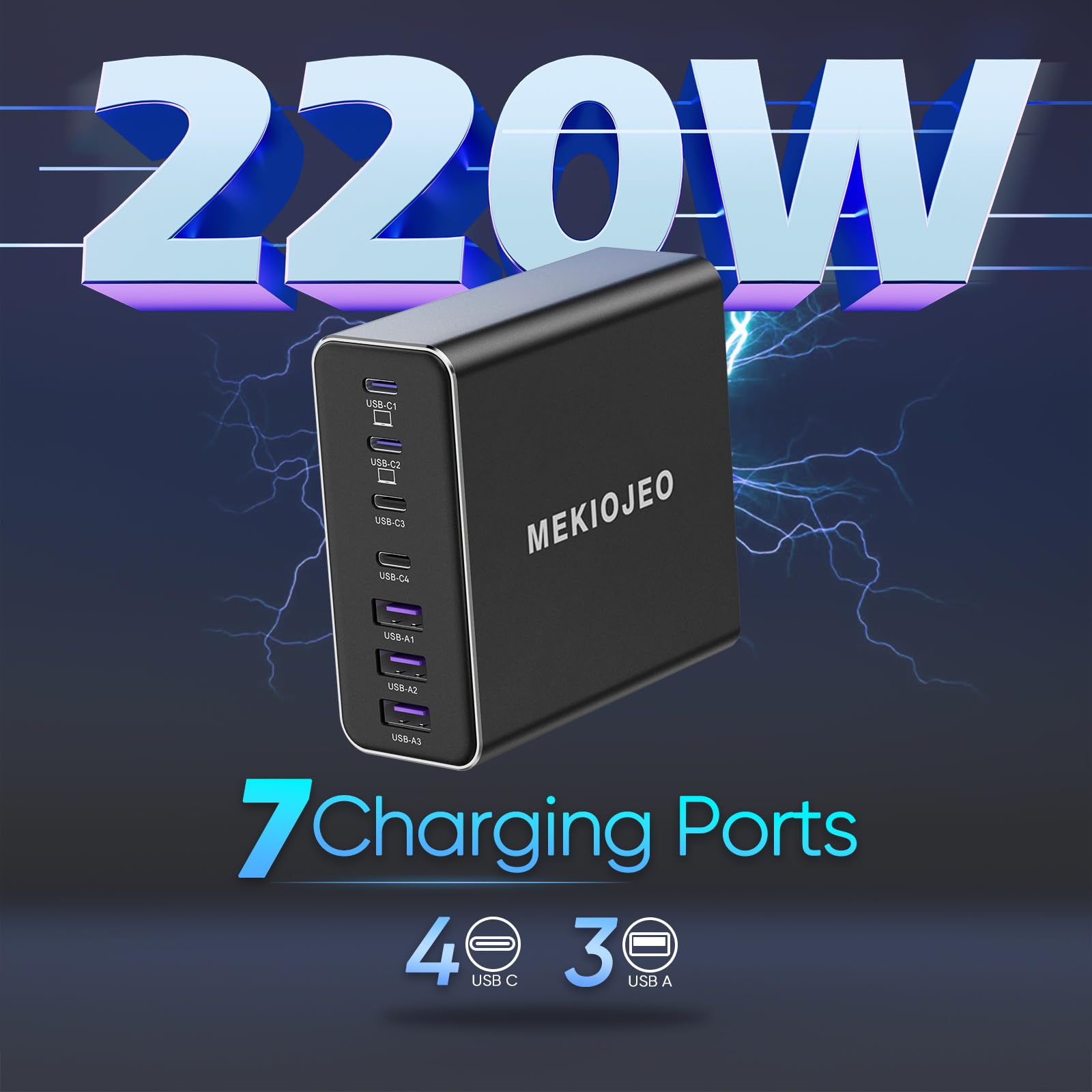 220W 7-Port USB C Fast Charging Station - Aluminum Alloy Multi-Port Charger with 65W USB C Laptop Charging for MacBook Pro/Air, iPhone 15/14, iPad, Samsung Galaxy - Perfect for Home, Office & Travel (Black)