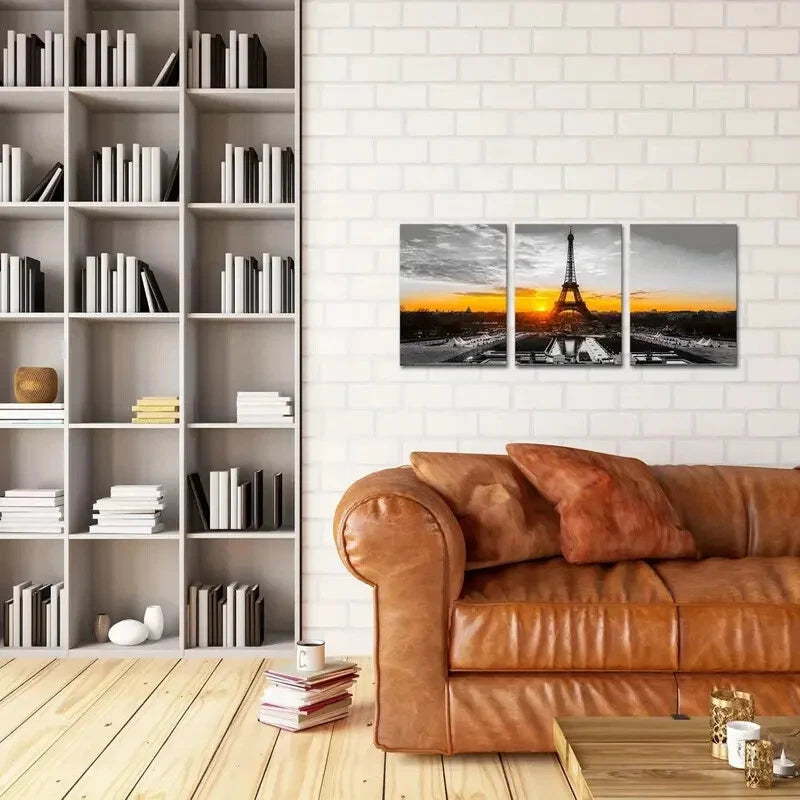 3-Piece Black and White Eiffel Tower at Golden Sunrise Metal Wall Art - Ready to Hang, Modern Home & Office Decor for Living Room, Bedroom, Dining Area
