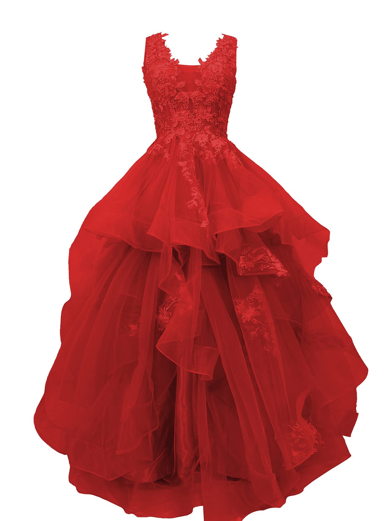 Elegant Long Ball Gown Prom Dresses for Women - V-Neck Formal Evening Gown with Tulle Ruffles | Princess Party Dress for Homecoming, Wedding, Quinceañera & Special Occasions