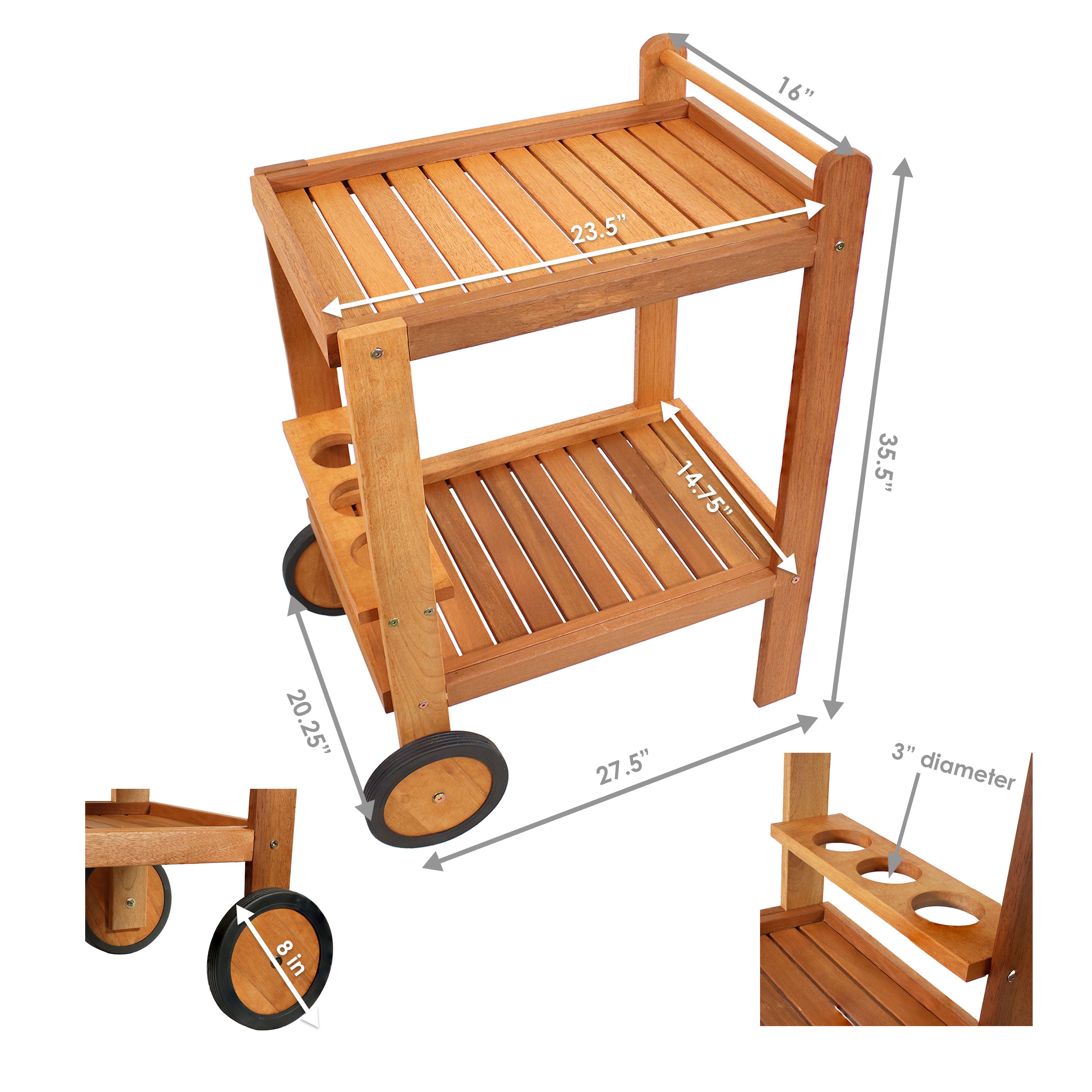 Sunnydaze Outdoor Wood Bar Cart with Wheels - Malaysian Hardwood Rolling Drink Cart for Patio, Garden, Poolside & Backyard Entertaining