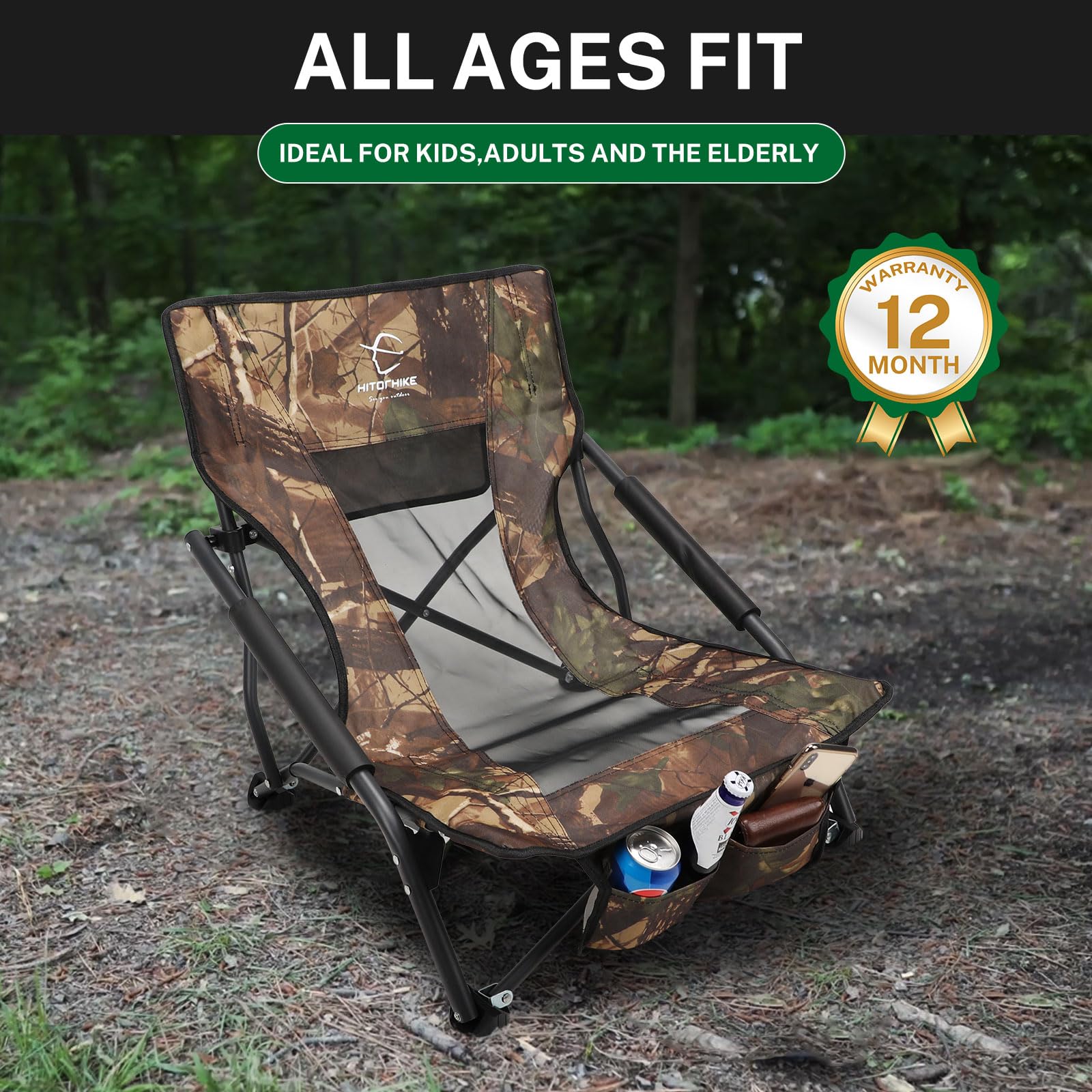 HITORHIKE Portable Folding Chair with Armrests - Lightweight Low Sling Beach Camping Concert Chair - Breathable Nylon Mesh Back - Compact & Sturdy Design - Perfect for Outdoor, Travel, Picnics, and Events