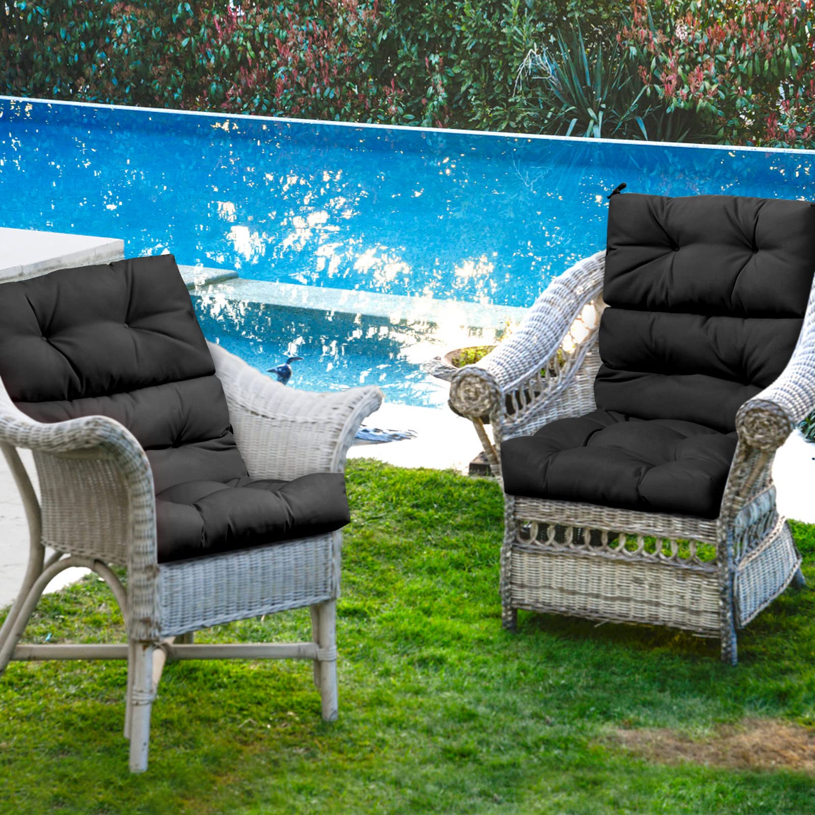Giantex 2 Pack Tufted Outdoor Chair Cushions - 4.5 Inch Thick High Back Patio Seat Cushions with 4 Ties for Swing, Bench & Wicker Furniture - Waterproof Black Floor Cushions for Indoor/Outdoor Use - Perfect for Backyard, Deck, Poolside & Living Room Relaxation