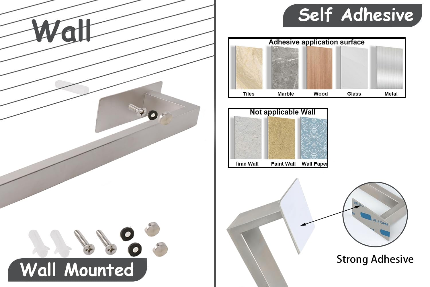 No Drill Self Adhesive Towel Bar - 24 Inch Brushed Stainless Steel Bathroom Towel Rack for Kitchen & Toilet - Easy Installation Sticky Towel Holder for Hand & Bath Towels - Perfect for Small Spaces & Rental Homes
