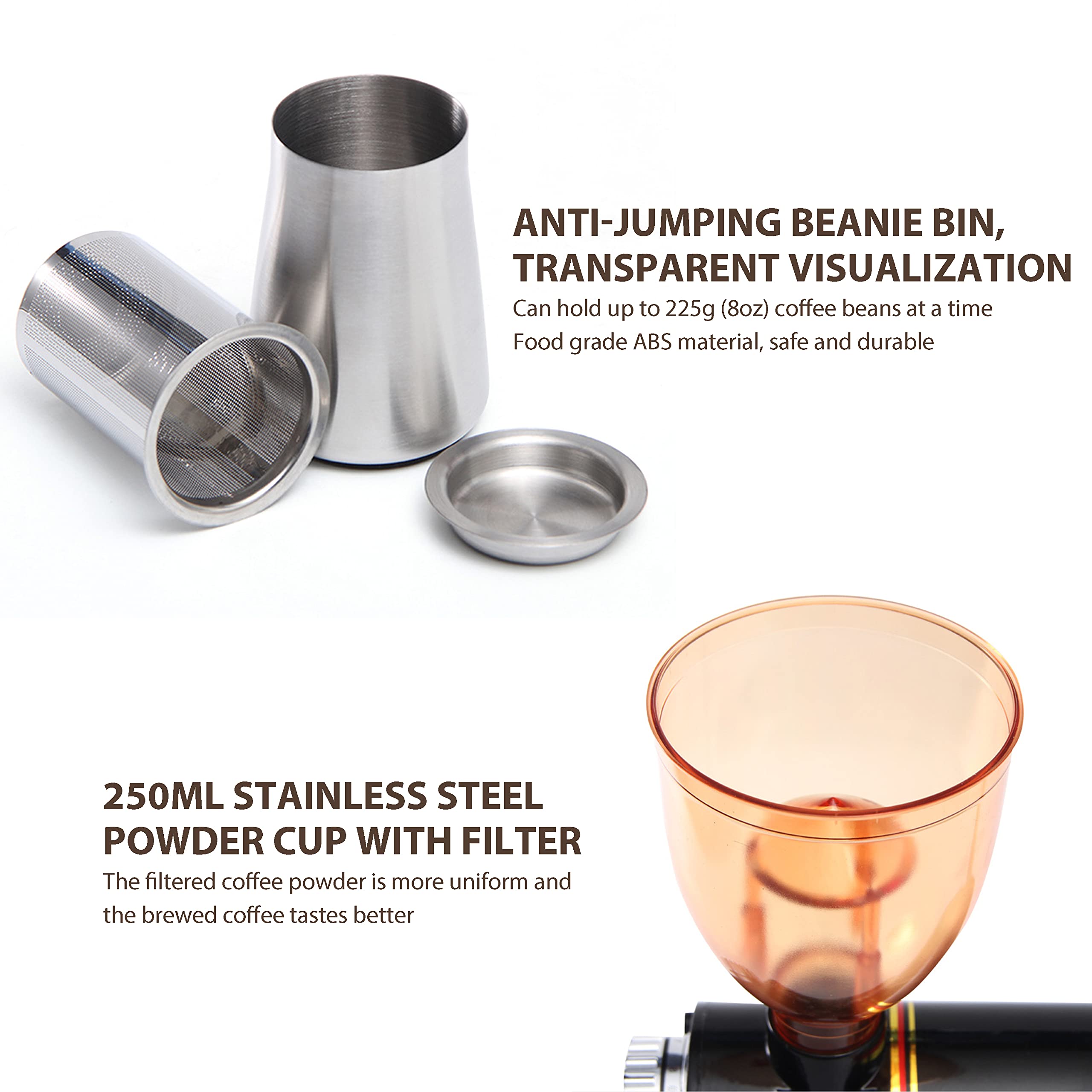 Upgraded RRH Electric Burr Coffee Grinder - Professional Automatic Coffee Bean Mill with 250g Stainless Steel Hopper, 110V (Red) - Perfect for Home, Office & Coffee Shops