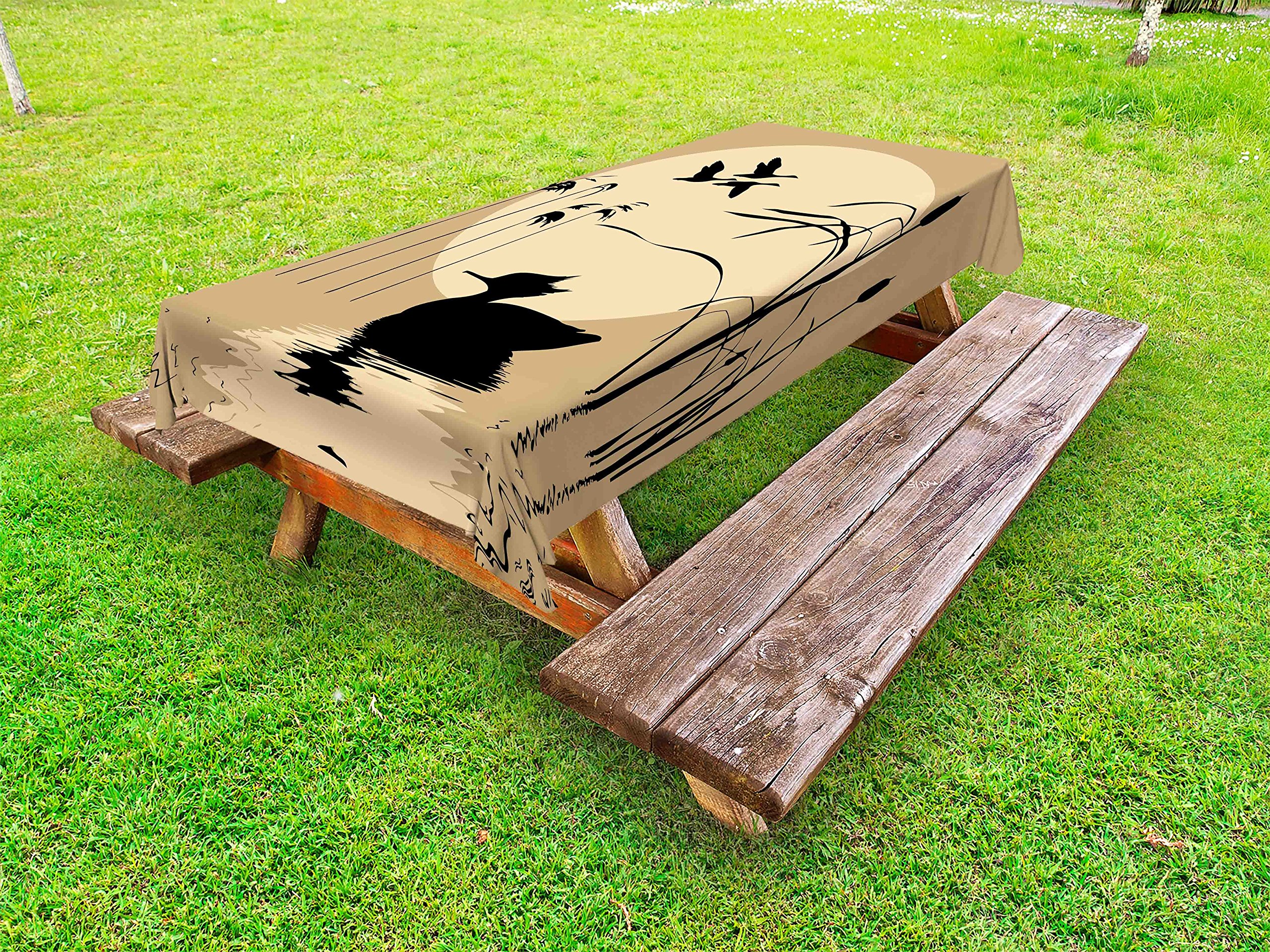 Lunarable Spring Outdoor Tablecloth - Goose & Bulrush Silhouette Lake Design with Full Moon, Washable Picnic Table Cover 58x120 Inches in Tan/Beige/Black | Perfect for Garden Parties, Picnics & Outdoor Dining Decor