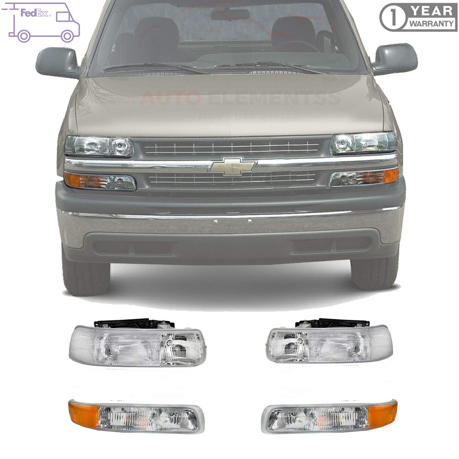 1999-2002 Chevy Silverado & 2000-2006 Tahoe LED Front Headlights with Side Marker Lamps - Direct Replacement (16526134/16526133) - Left Driver & Right Passenger Side - Upgrade for Night Driving & Off-Road Adventures