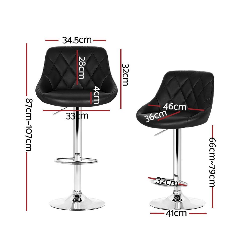 4 Black Leather Padded Bar Stools with Gas Lift Height Adjustment - Perfect for Kitchen Island, Home Bar & Dining Room Counter