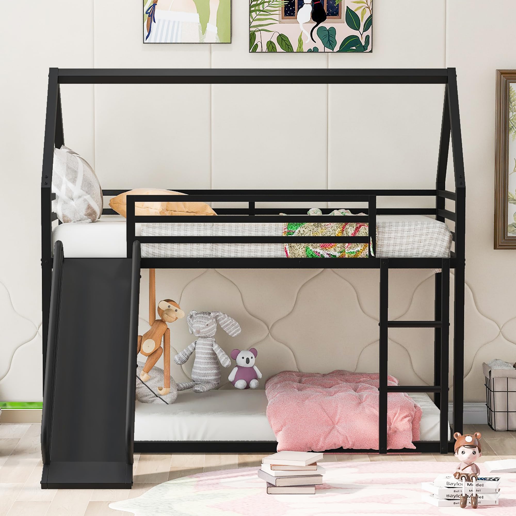 Morhome Twin Over Twin Metal Junior Low Bunk Bed with Slide & Ladder - Montessori Floor Bunk Bed Frame with Full-Length Guardrail, Noise-Free Design - Perfect for Kids' Bedroom, Playroom or Small Space