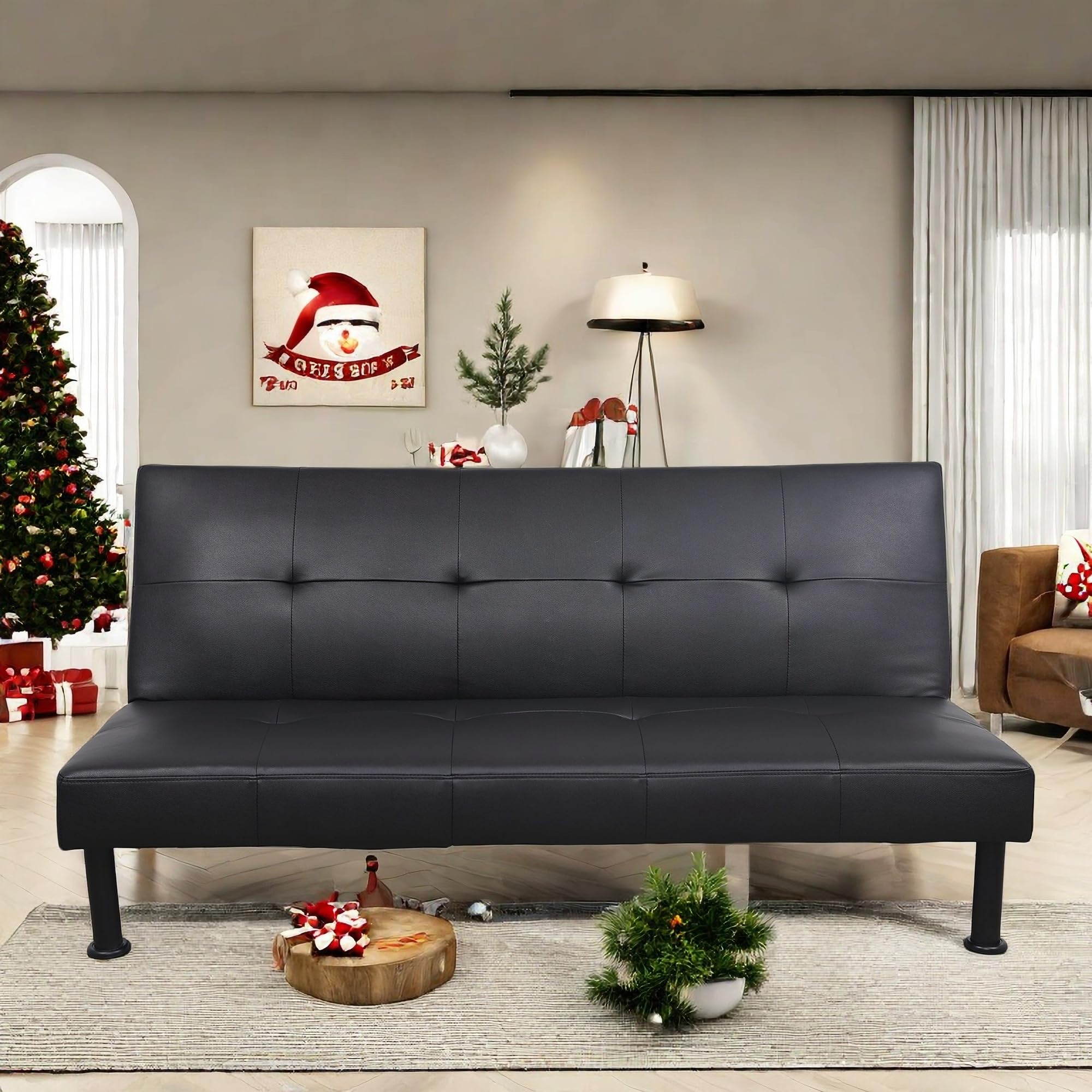Modern Leather Futon Sofa Bed - Convertible Folding Couch with Adjustable Backrest, 64