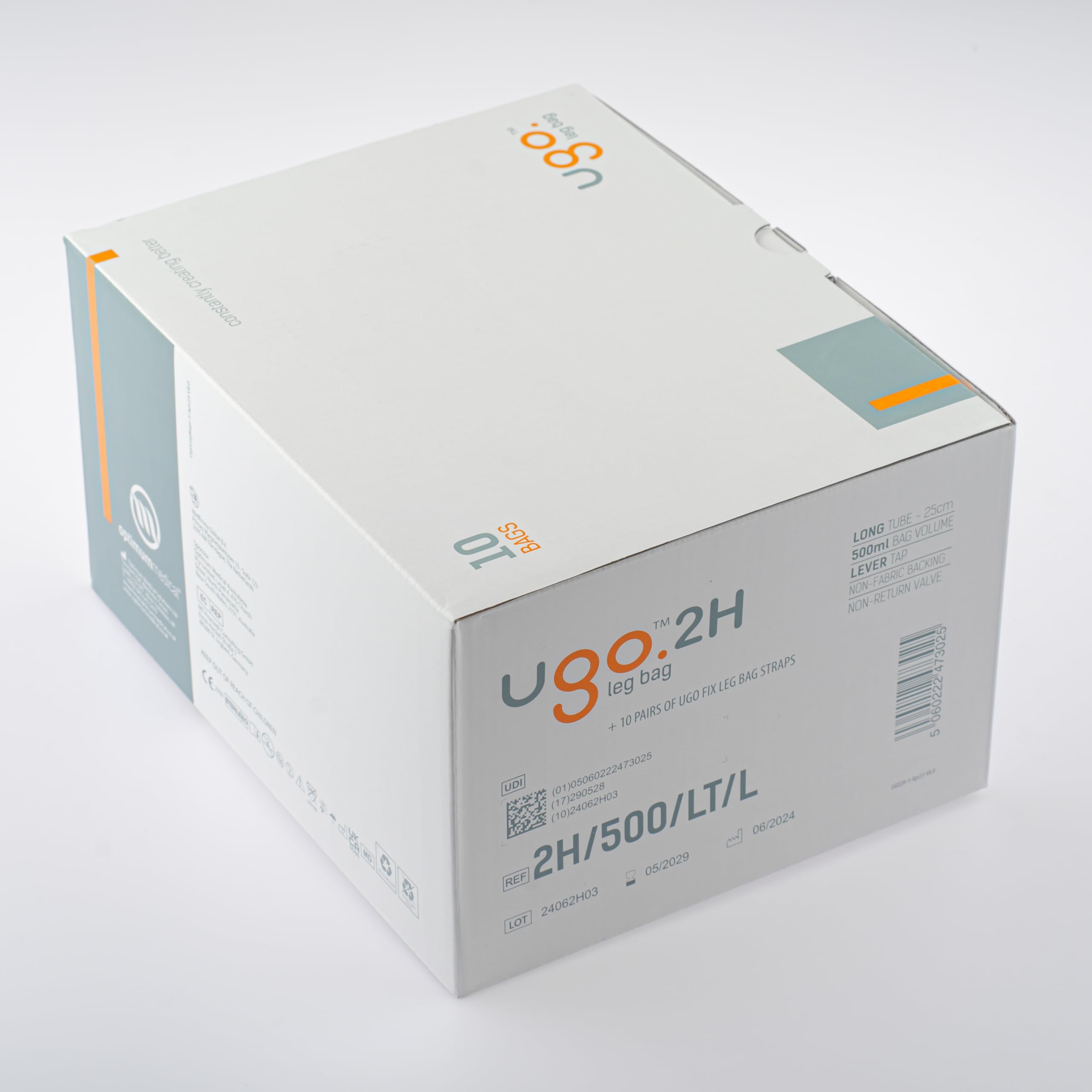 Ugo Leg Bags (10-Pack) - 500ml Urine Drainage Bags for Catheter with Soft Fabric Backing, Natural Leg-Shape Design & Lever Tap - Ideal for Post-Surgery, Travel & Daily Use (Ugo 2H Long Tube)