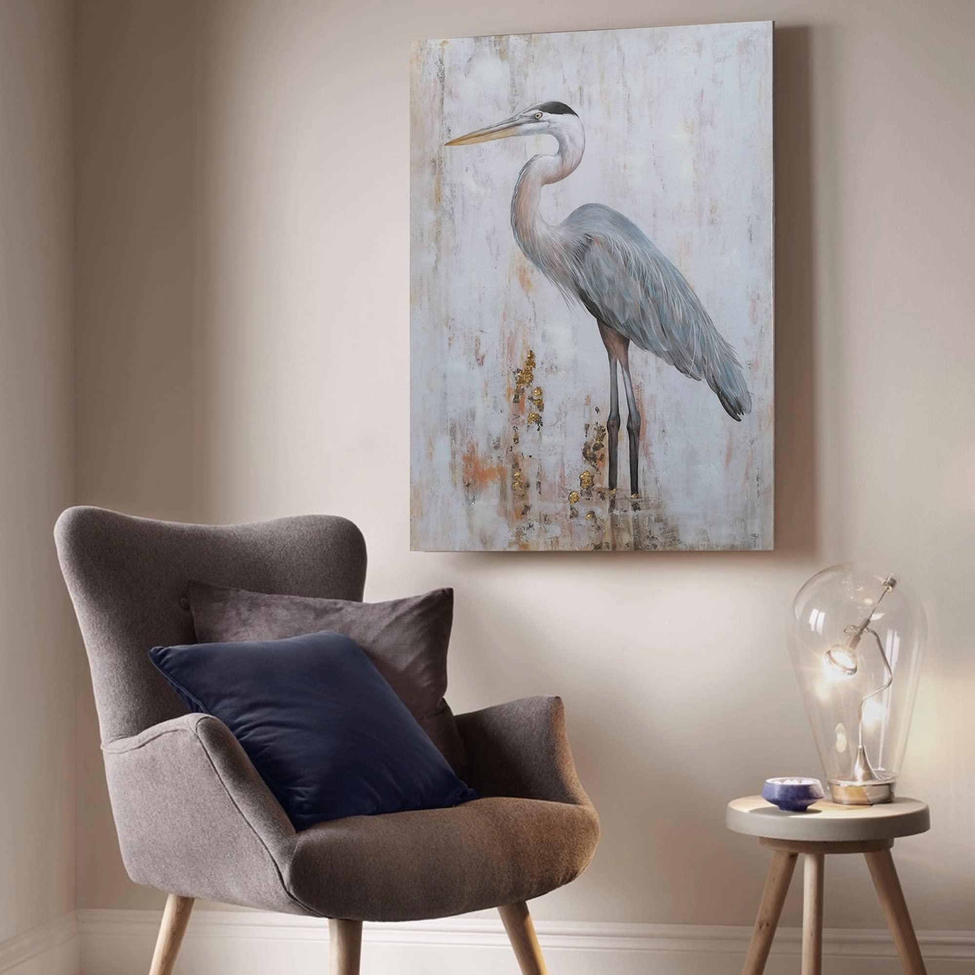 Blue Heron Wall Art - Gold Foil Beach Bird Painting for Home Decor | Coastal Themed Wall Decor for Living Room, Bedroom & Bathroom | Perfect for Beach House & Nature Inspired Interior Design