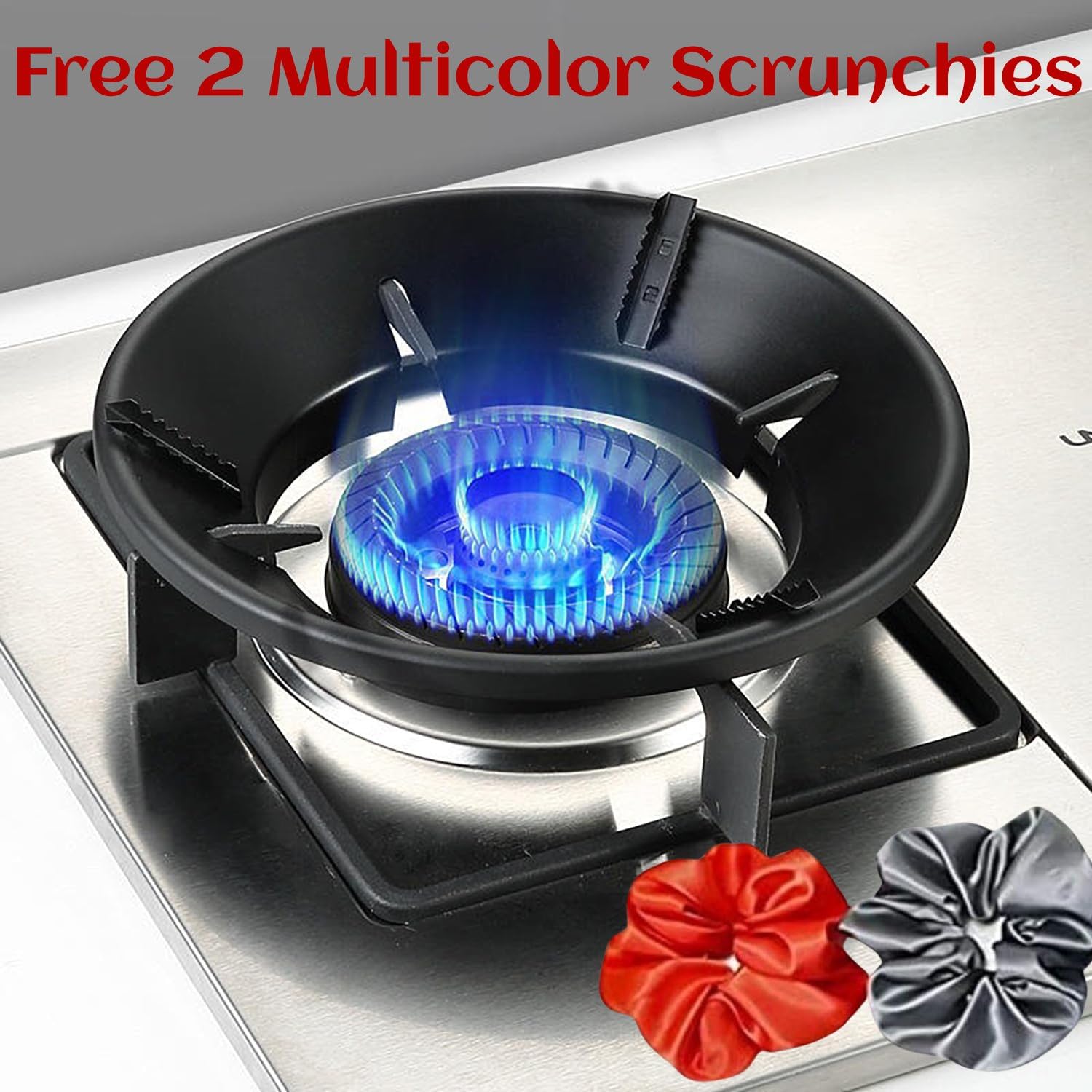 360° Windproof Gas Burner Stand for Stove - Round Kitchen Gas Saver Burner Stand with Free 2 Scrunchies (Black, 2-Pack) | Perfect for Outdoor Camping & Indoor Cooking