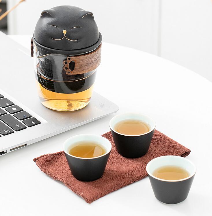 Maneki Neko Fortune Cat Travel Tea Set - Japanese Lucky Cat Ceramic Tea Cup with Infuser | Perfect for Office, Home, and Travel Use