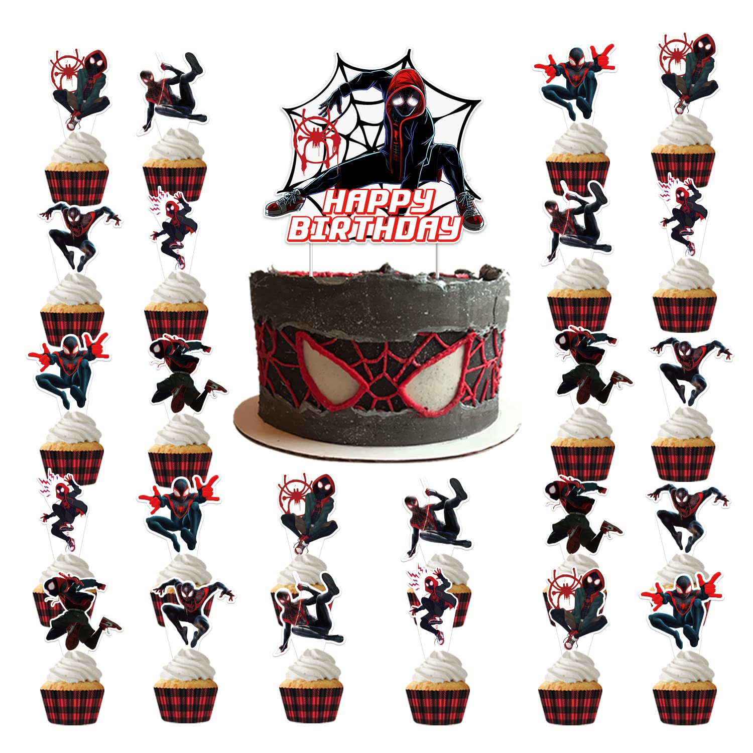 25Pcs Spider-Man Party Cake Decorations - Miles Morales Birthday Cake Cupcake Toppers for Spidey Themed Party Supplies | Perfect for Superhero Birthday Cakes, Kids' Parties & Marvel Themed Celebrations