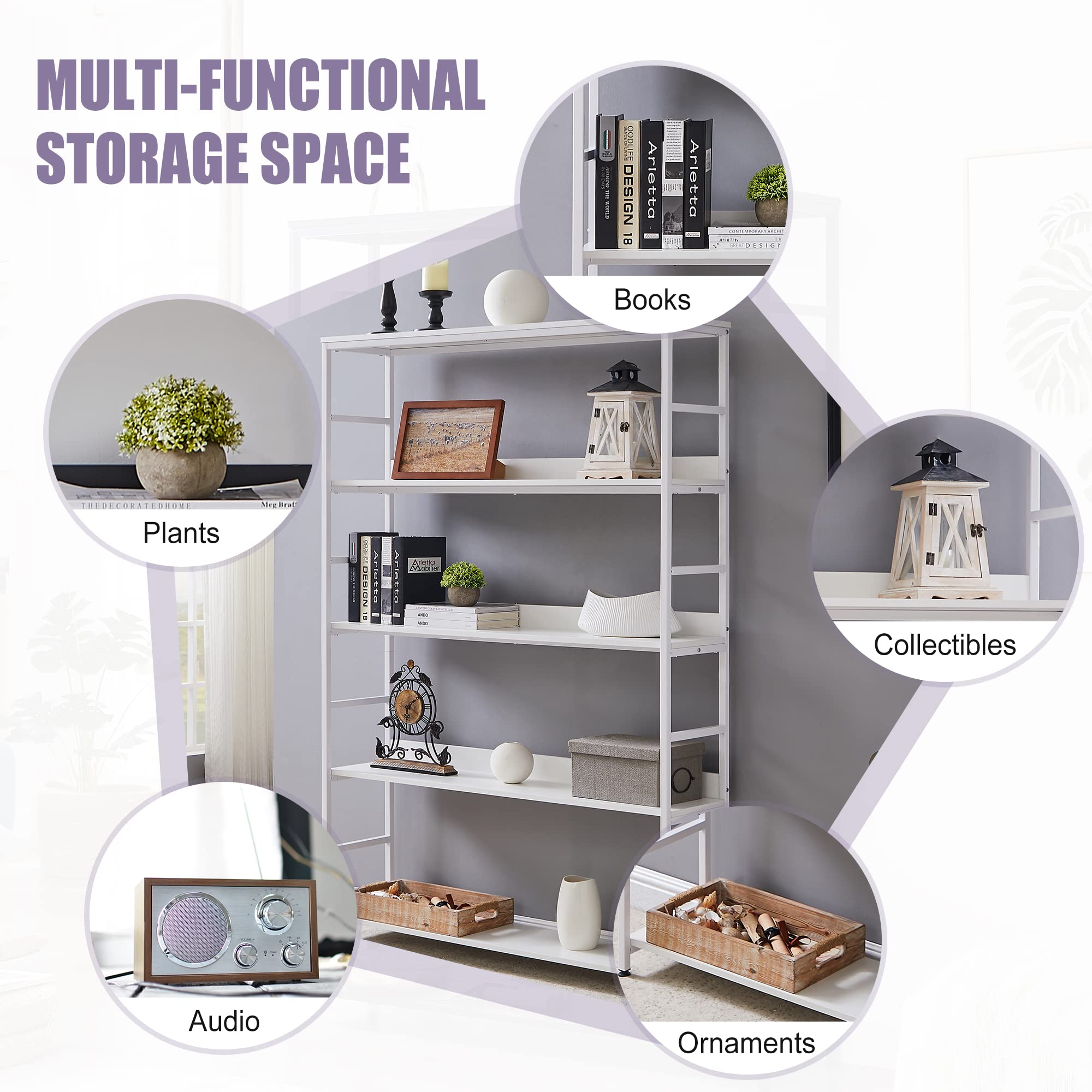 Merax 5-Tier Bookcase - 68.9 Inch Tall Open Bookshelf with Metal Frame for Home Office, Living Room & Bedroom Storage (White) - Perfect for Organizing Books, Decor & Essentials