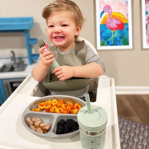 Elk and Friends Silicone Suction Plate for Babies & Toddlers with Stainless Steel Silverware Set | 3-Pack Divided Baby Plate with Strong Suction Base | Includes Forks & Spoons | Perfect for Home, Travel & Daycare Use