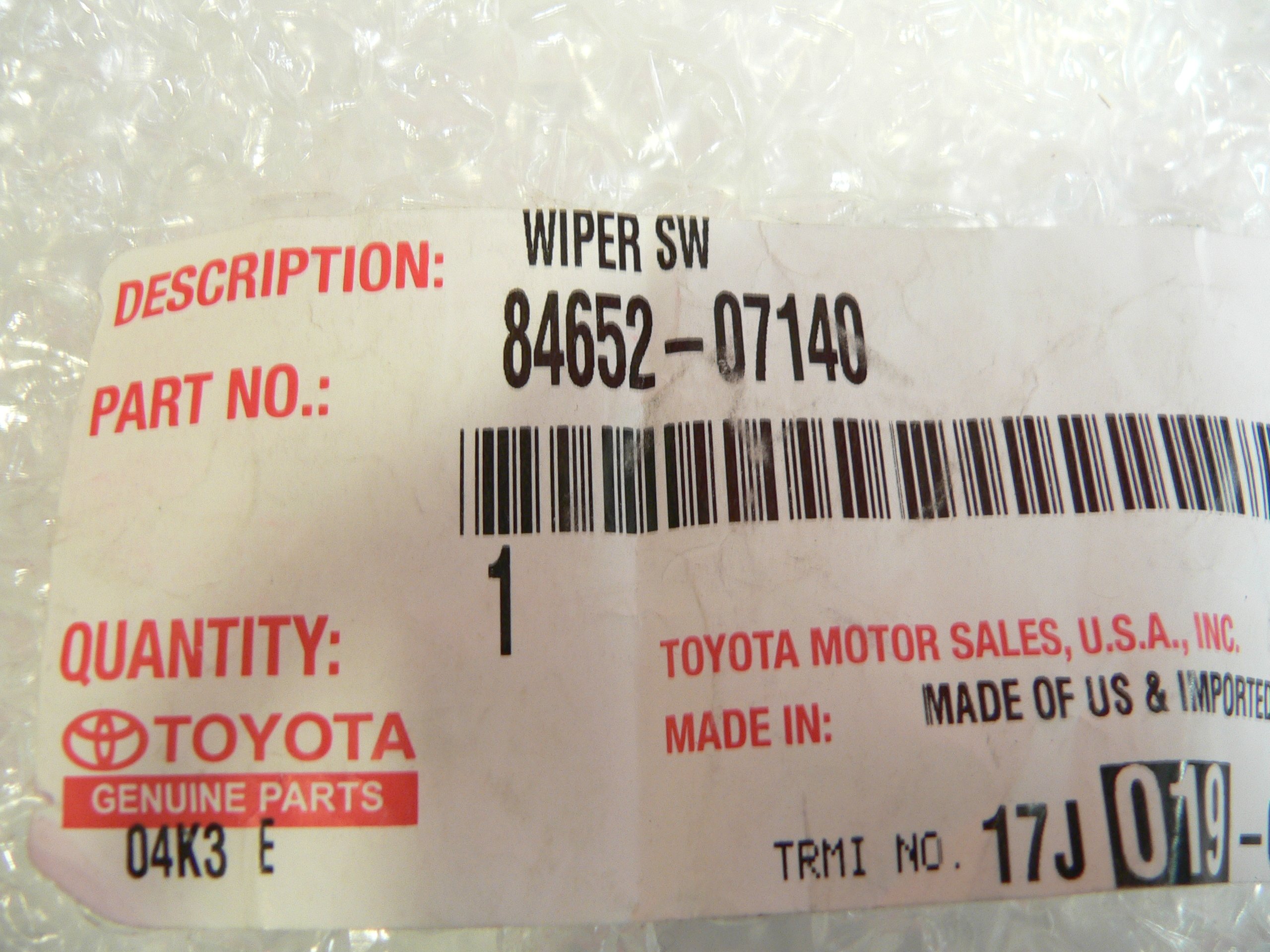Genuine Toyota 84652-07140 Windshield Wiper Switch Assembly - OEM Replacement Part for Smooth Wiper Operation in Rainy Conditions