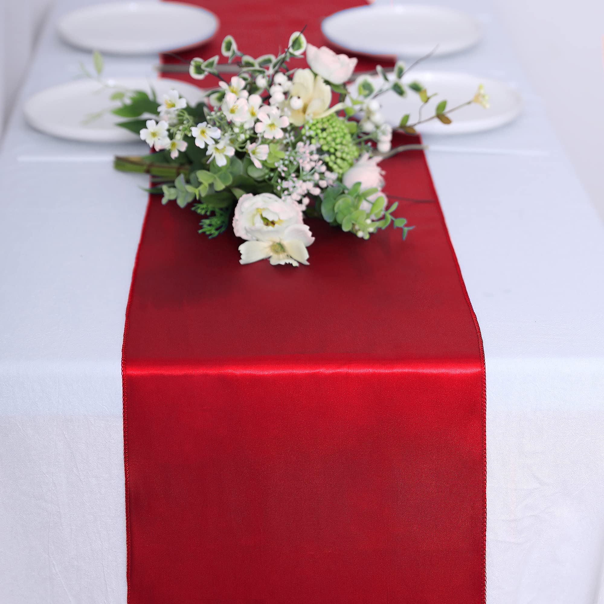 10 Pack Red Satin Table Runners 12x108 Inch for Wedding Decor