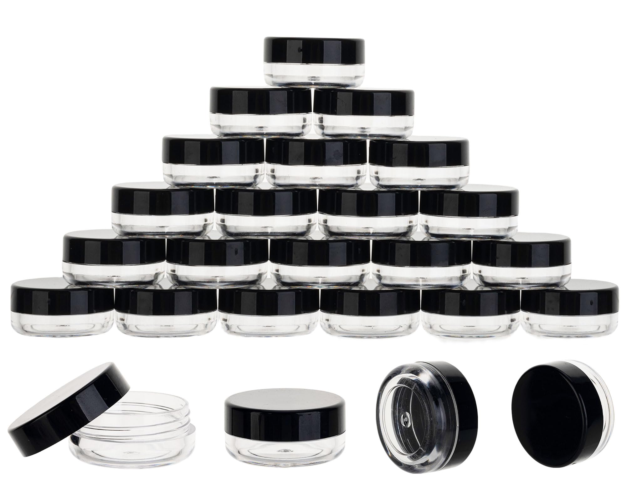 25-Pack 3g Clear Plastic Sample Jars with Black Lids & Mini Spoons - Small Lip Balm Containers with 25 Labels - Perfect for DIY Cosmetics, Travel Toiletries & Essential Oil Storage