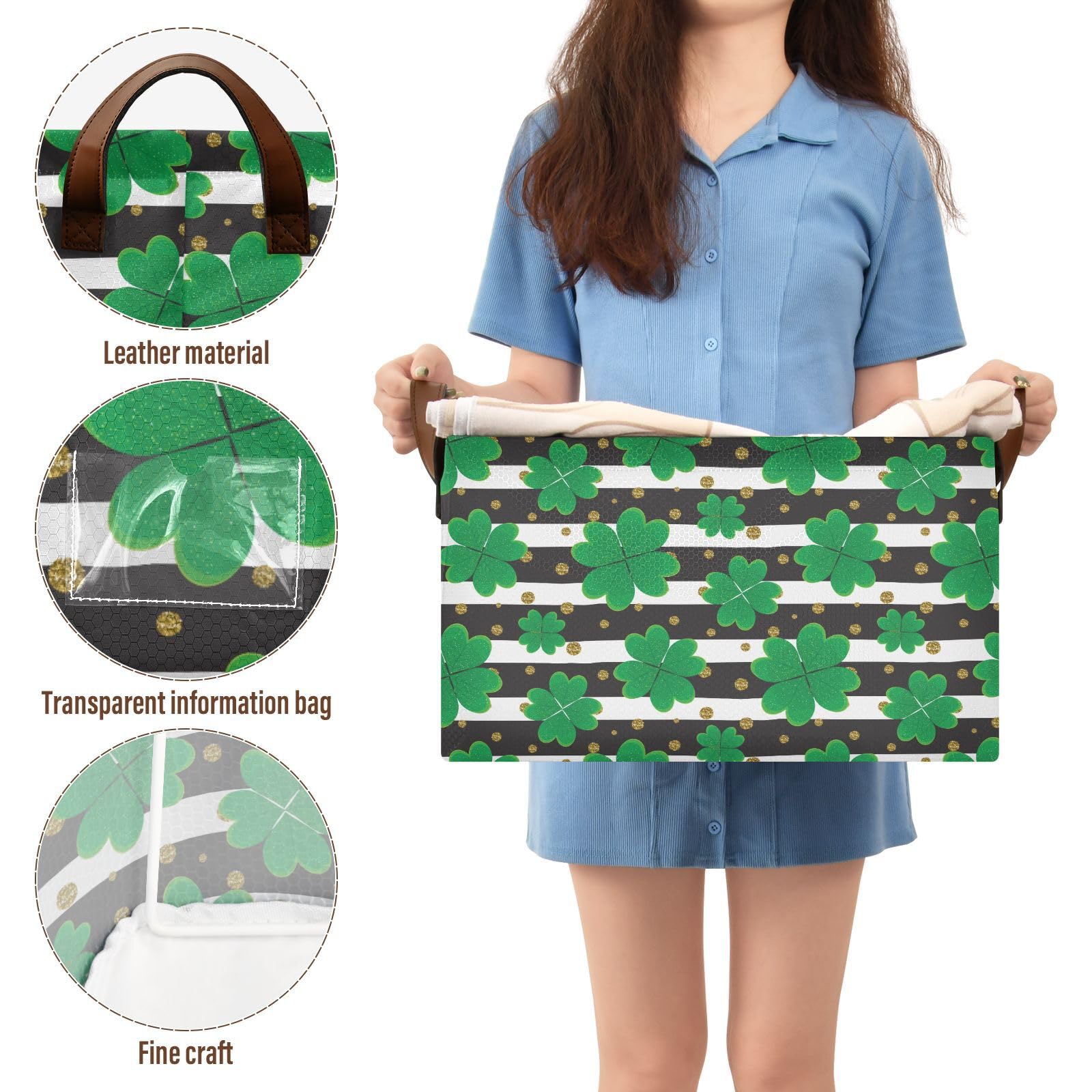 St. Patrick's Day Shamrock Black White Striped Foldable Storage Basket with Handles & Labels - Collapsible Organizer Bin for Home, Room, Shelves - Large Decorative Cube Baskets (2 Pack) - Perfect for Holiday Decor, Gift Giving & Home Organization