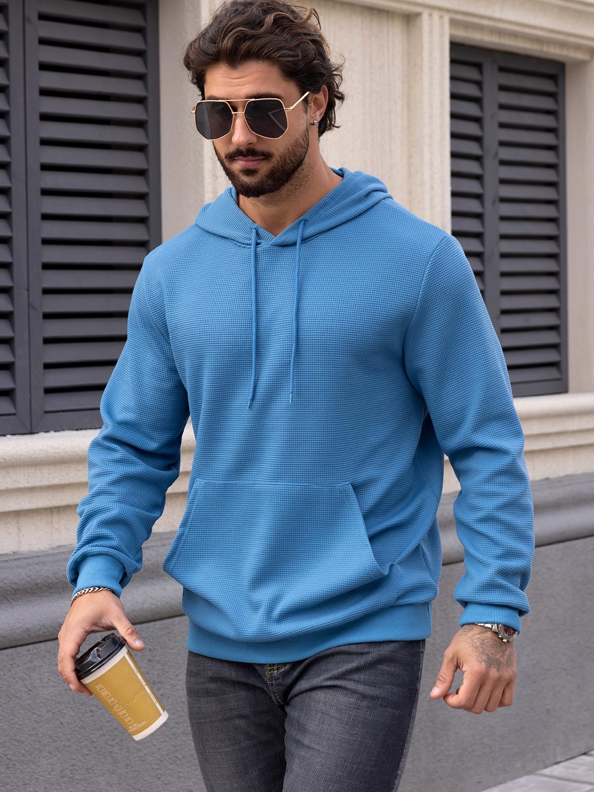 MANSDOUR Men's Casual Long Sleeve Waffle Knit Hoodie with Drawstring & Pocket - Warm Pullover Sweatshirt for Outdoor Activities, Gym & Streetwear Fashion