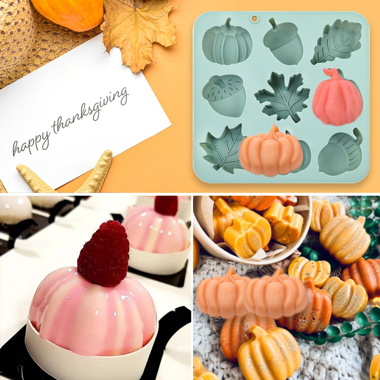 2 Pack 3D Pumpkin Silicone Mold Set - Halloween Thanksgiving Fall Baking Molds for Candy, Chocolate, Cake, Cupcake, Ice Cube & Soap Making - Harvest Theme with Maple Leaf & Acorn Designs (Grey-B) - Perfect for Autumn Parties, DIY Desserts and Holiday Decorations