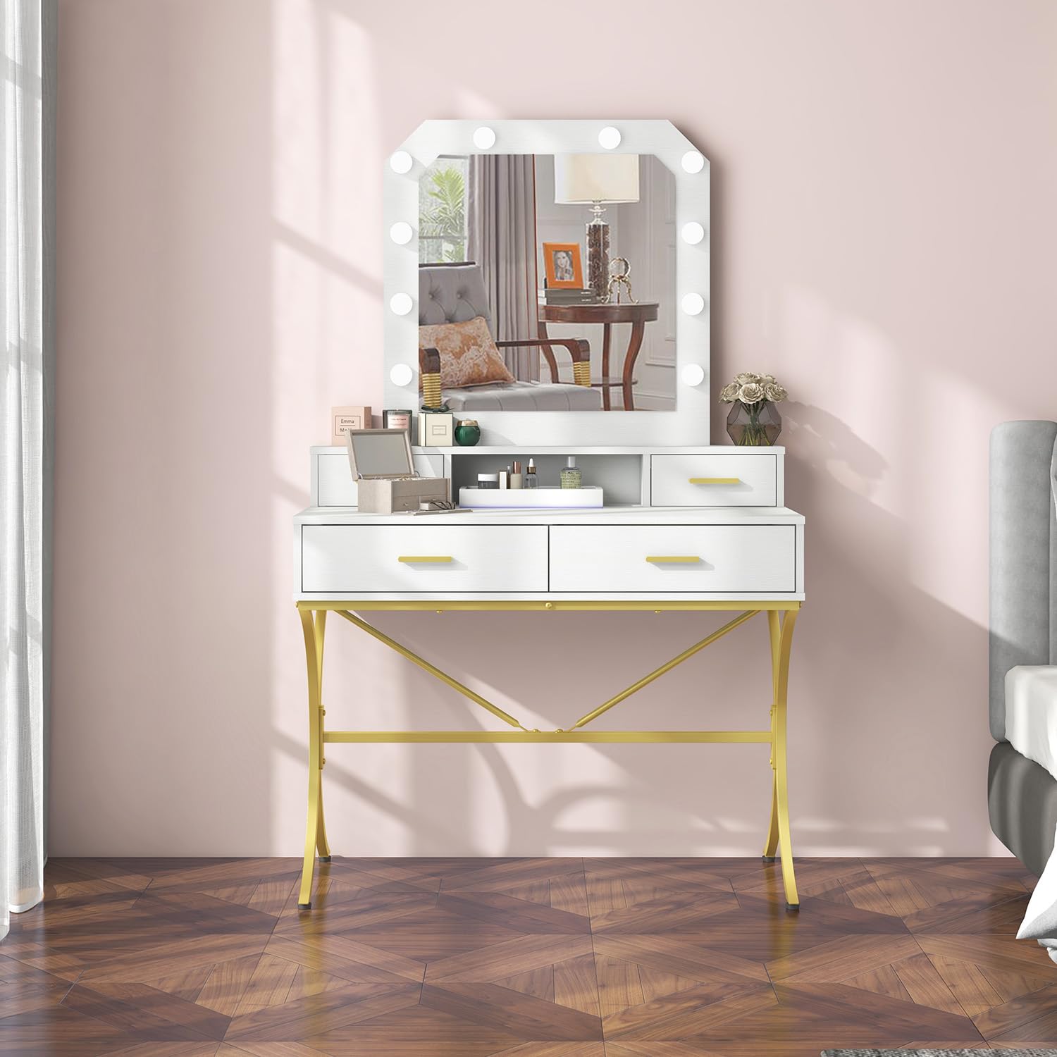 Modern Vanity Table with LED Lighted Mirror - 10 Lights Makeup Desk with 4 Drawers, White Dressing Table for Bedroom | Perfect for Makeup Application, Skincare Routine & Home Decor