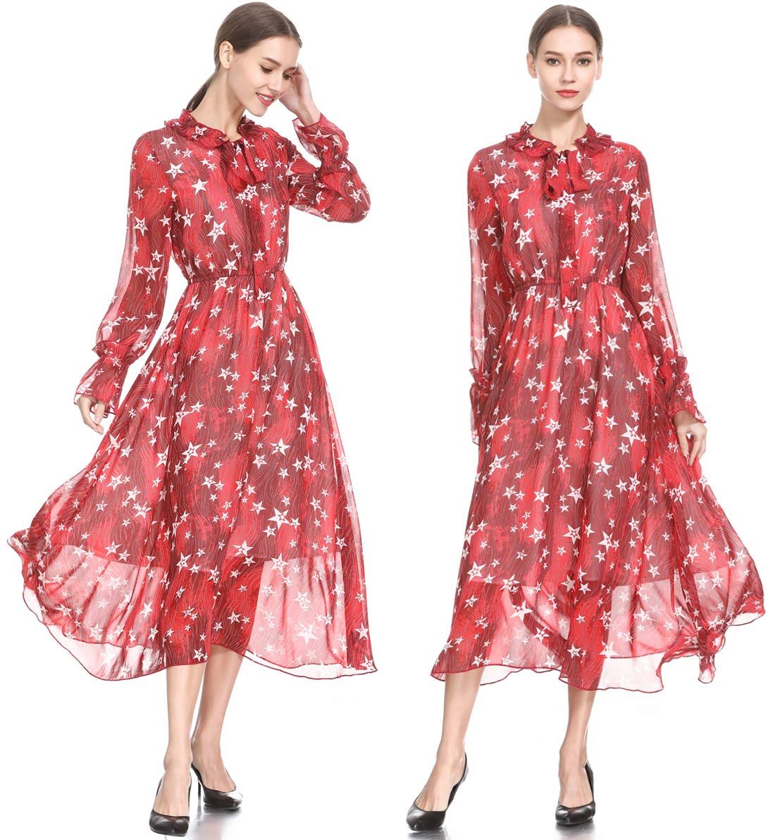 Floral Print Long Sleeve Chiffon Midi Dress for Women - Elegant Flowy Spring & Summer Casual Party Beach Dress | Perfect for Outdoor Events, Vacations & Date Nights
