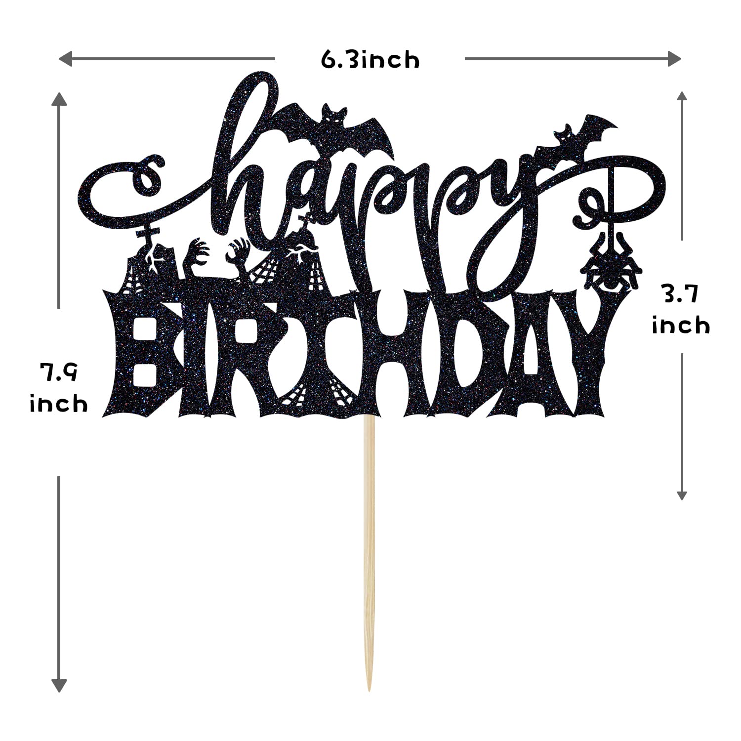 Spooky Zombie Halloween Birthday Cake Topper - Black Glitter Bat & Ghost Cake Decorations for Adult & Kids Parties - Perfect for Halloween Celebrations, Spooky Birthday Cakes, and Themed Dessert Displays