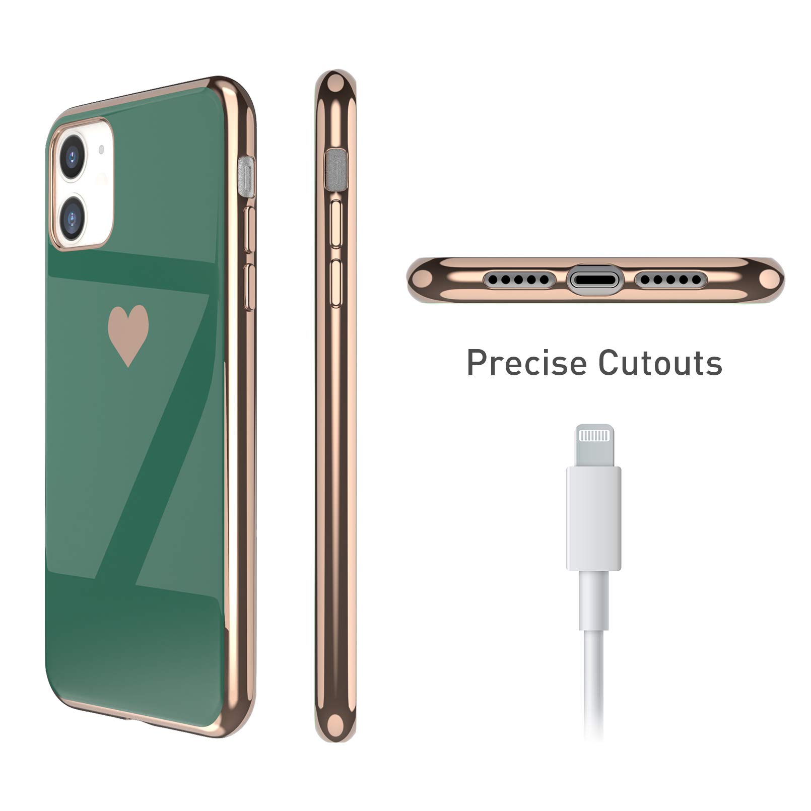 EYZUTAK iPhone 11 Case 6.1 Inch - Soft Silicone TPU Slim Protective Cover with Electroplated Heart Design, Luxury Shockproof Phone Case (Dark Green Heart) - Perfect for Everyday Use, Work & Travel Protection