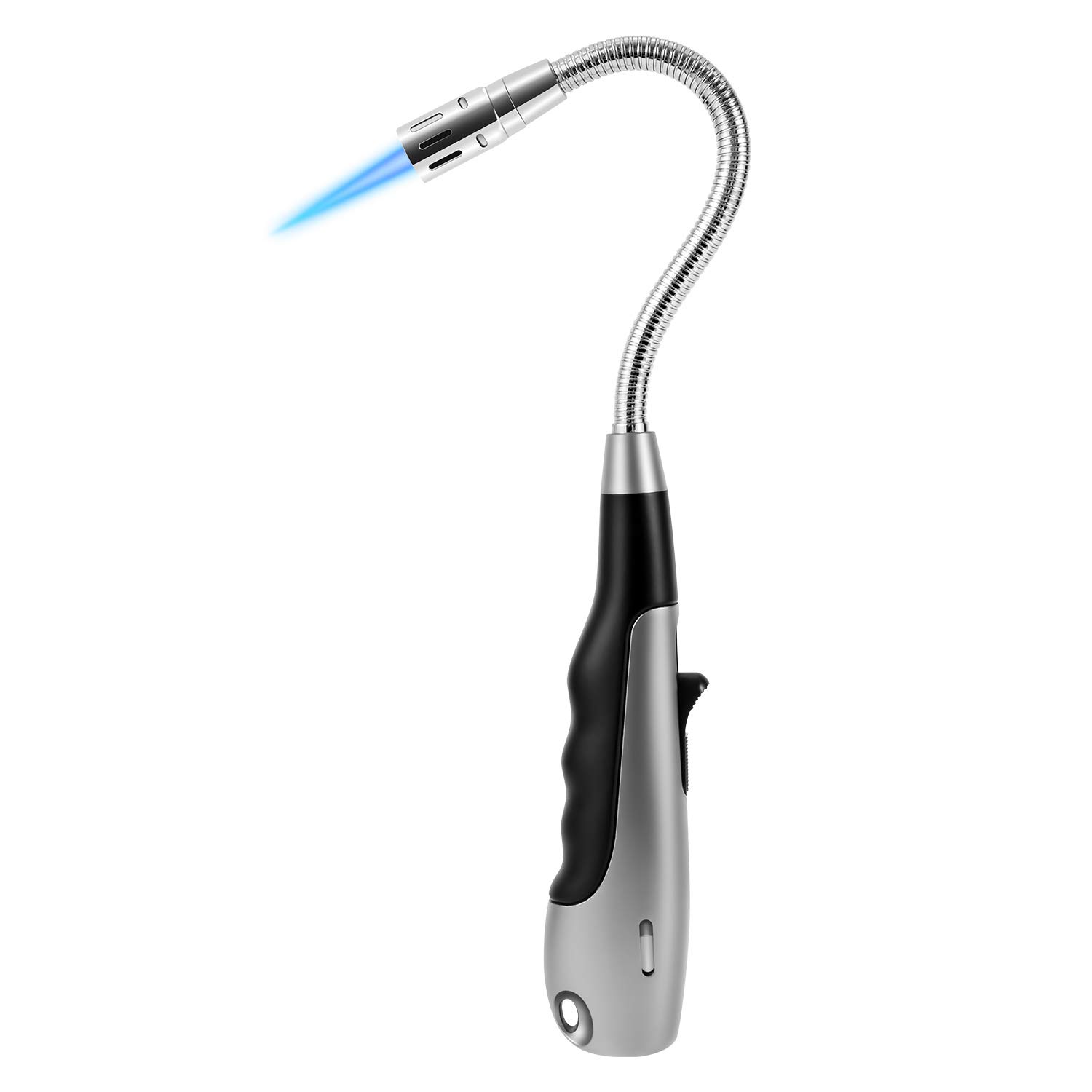 Windproof Butane Lighter Torch with Jet Flame & Visible Fuel Window - Refillable Long Lighter for Fireplace, Kitchen, BBQ, Grill, Camping & Outdoor Use (Black, Butane Not Included)