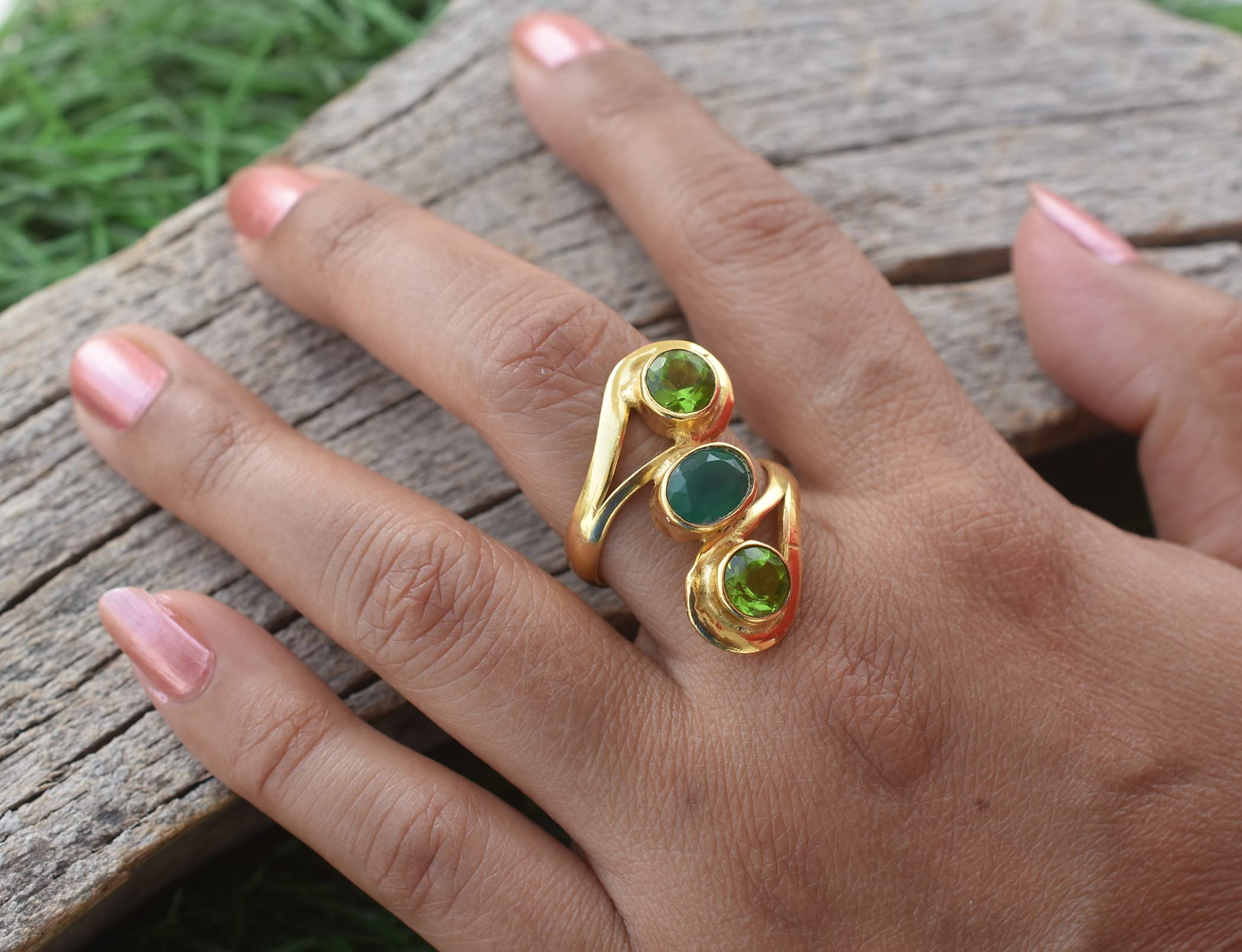 Veracity Jewelry 18K Gold Plated Peridot & Green Onyx Ring for Women - Handmade Multi Gemstone Statement Ring - Elegant Gift for Her | Perfect for Weddings, Parties & Special Occasions