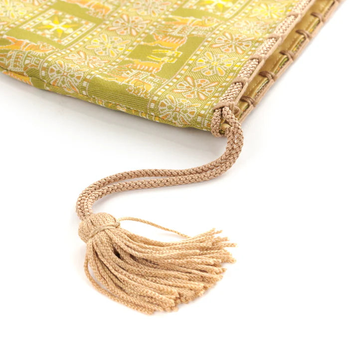 Nishijin Ori Small Drawstring Bag - Horse & Green Design | Handmade in Kyoto Japan | Traditional Japanese Craft Purse for Coins, Jewelry & Gifts