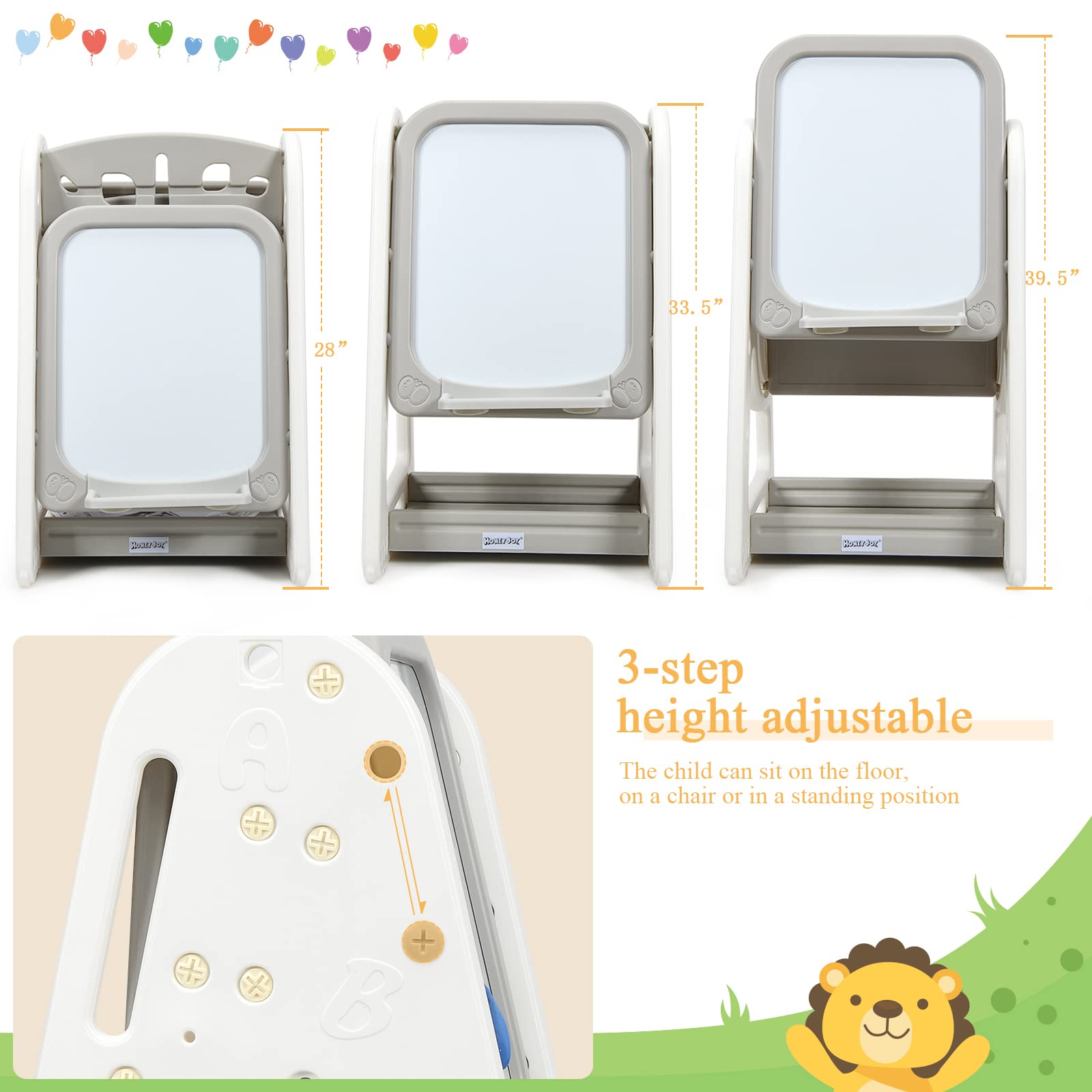 LDAILY 4-in-1 Kids Art Easel Set with Adjustable Magnetic Dry Erase Board, Chair, Markers & Letter Magnets - Double-Sided Standing Drawing Board for Toddlers & Preschoolers - Perfect for Home, Classroom & Creative Play (Grey)
