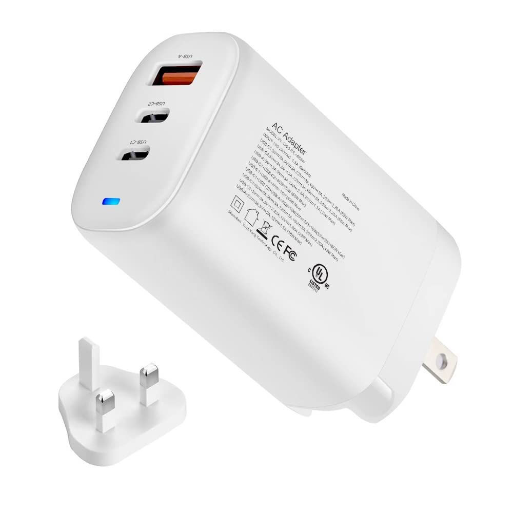 65W USB C GaN Fast Charger Block with 3-Port PD 3.0 - Super Fast Charging Wall Adapter for iPhone 15/14/13, MacBook, iPad, Samsung Galaxy (UK Plug, White) - Perfect for Travel, Home & Office Use