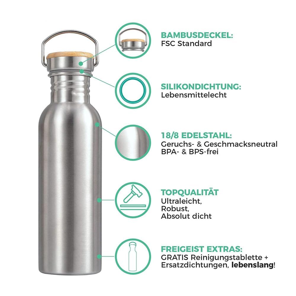 Stainless Steel Water Bottle with Bamboo Cap - 1000ml for Cycling, Running & Hiking